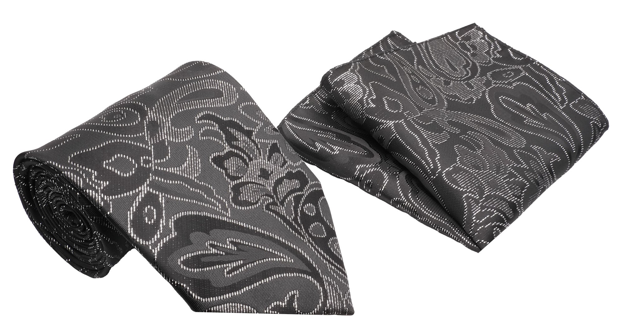 Black Silver Dashed Lined Paisley Pattern Men's Classic Tie and Pocket Square Set