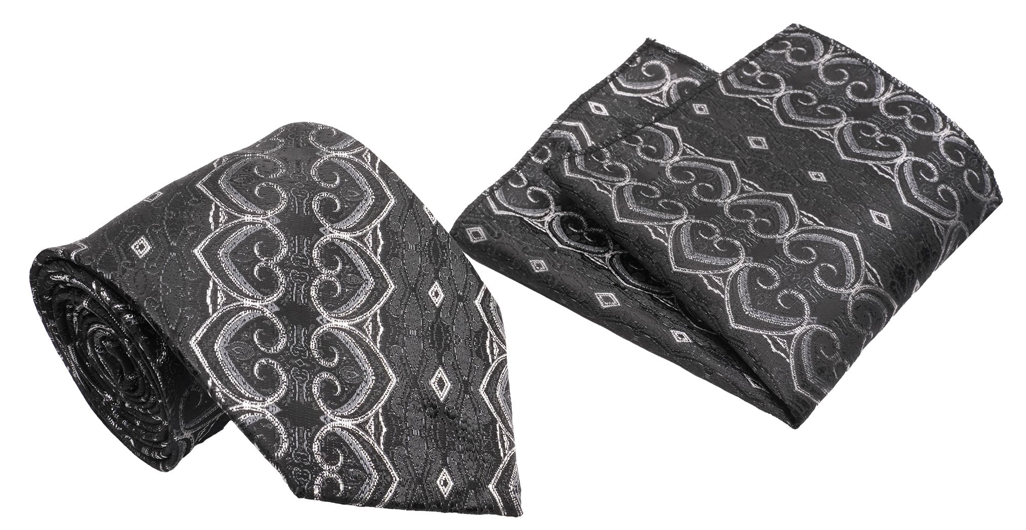 Black Silver Heart Pattern Men's Classic Tie and Pocket Square Set