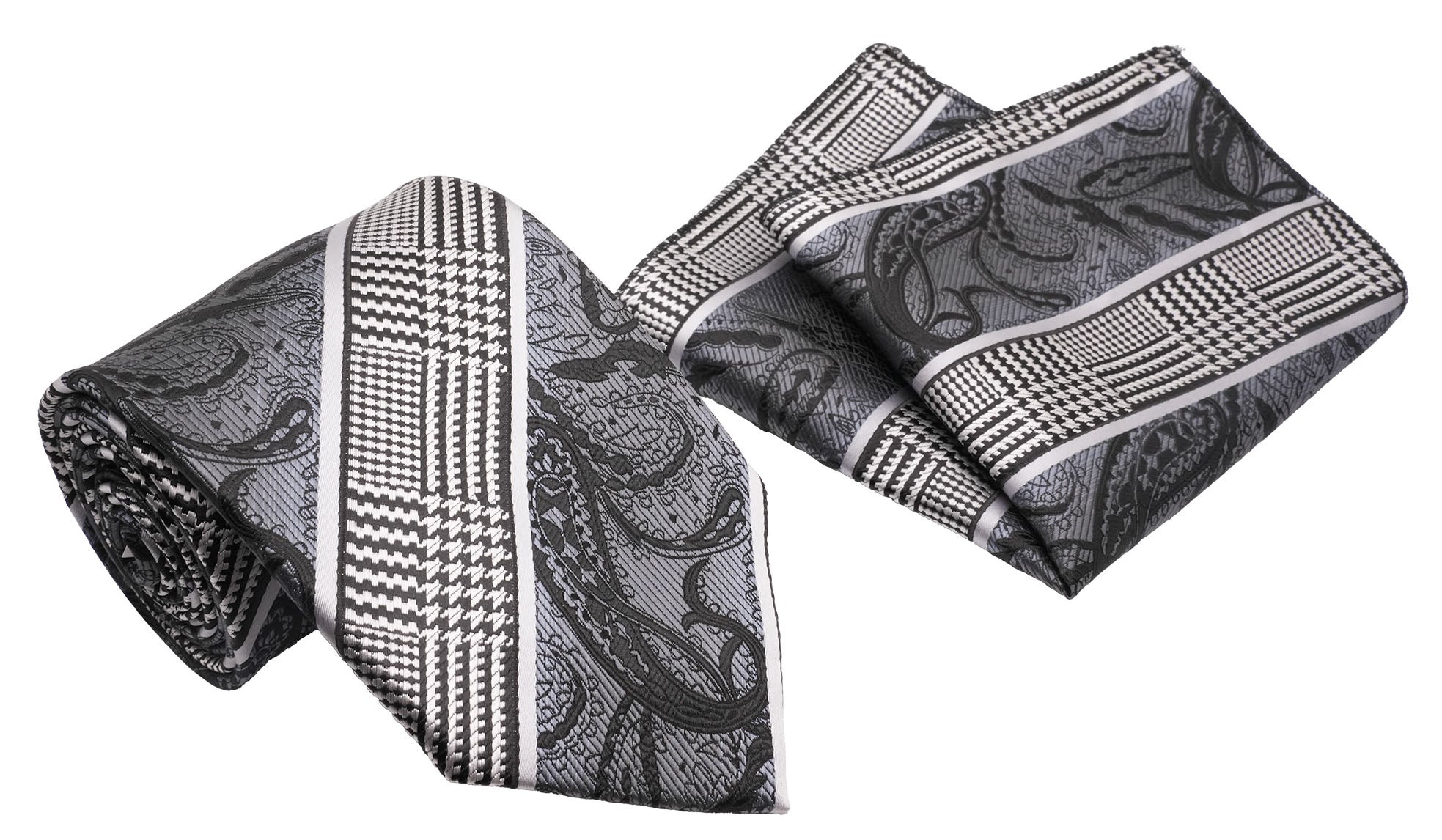 Black Counterchange and Scroll Pattern Men's Classic Tie and Pocket Square Set