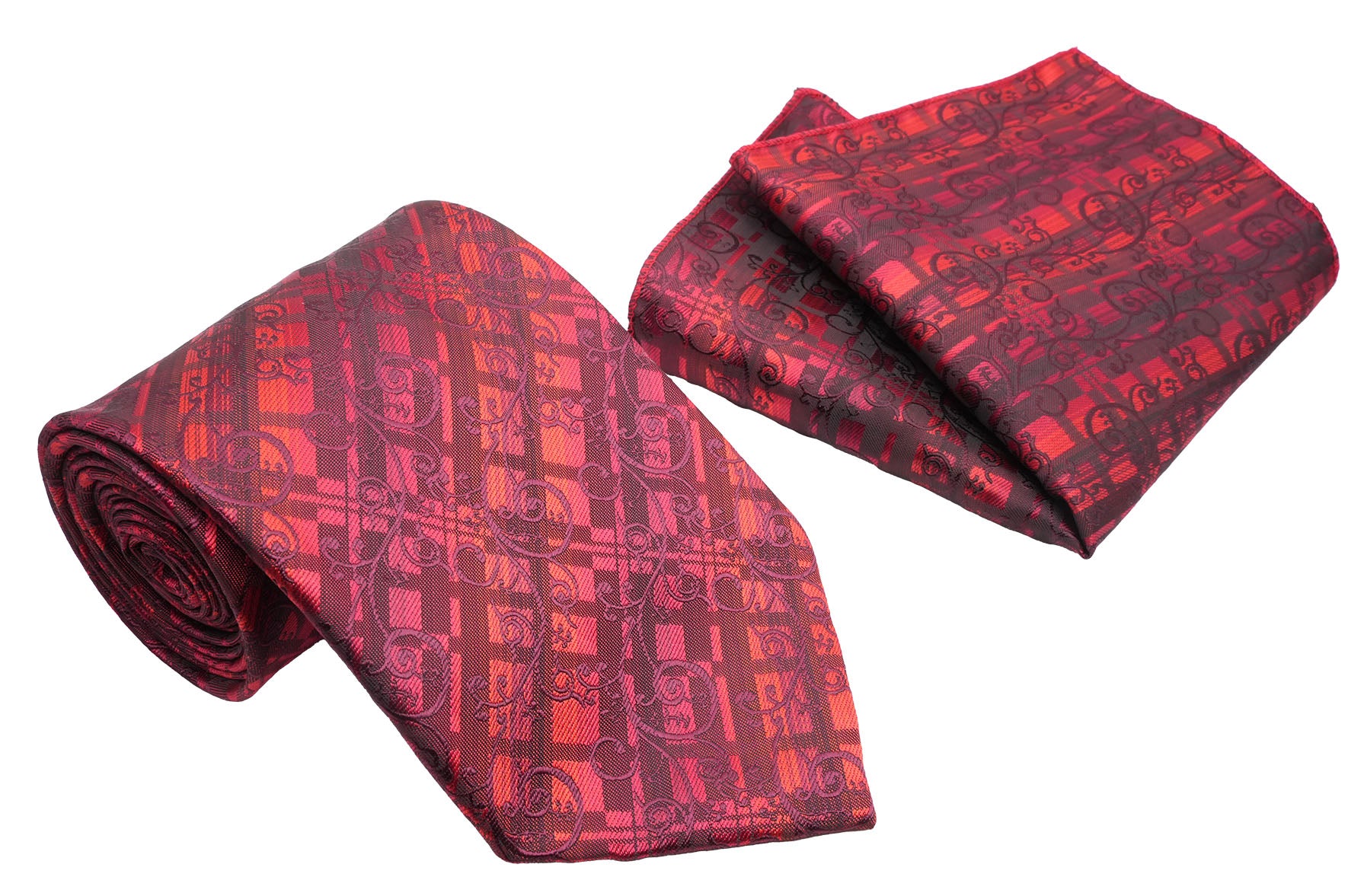 Red Tone-on-ton Plaid Scroll Pattern Men's Classic Tie and Pocket Square Set