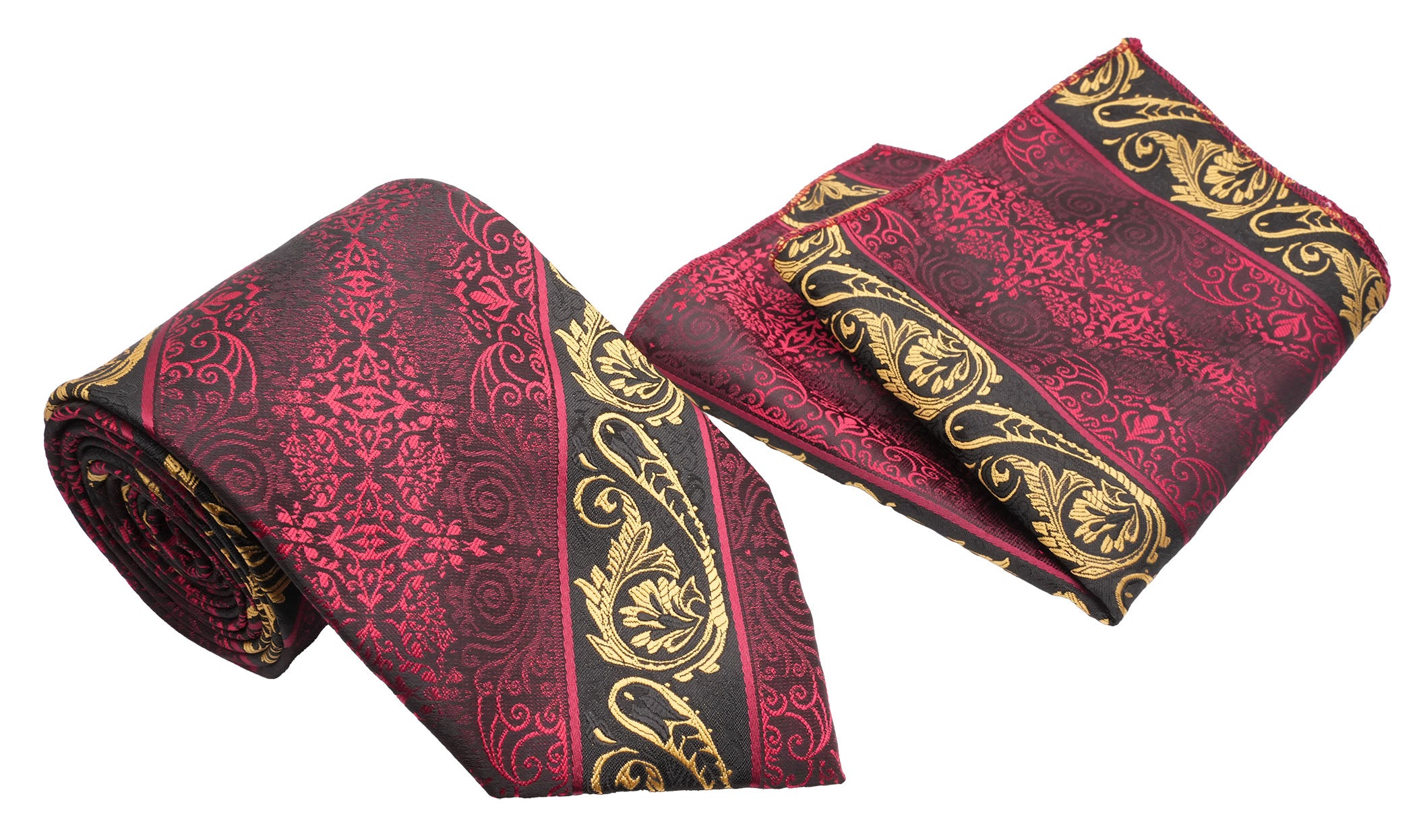 Red Black Gold Jacobean Pattern Men's Classic Tie and Pocket Square Set