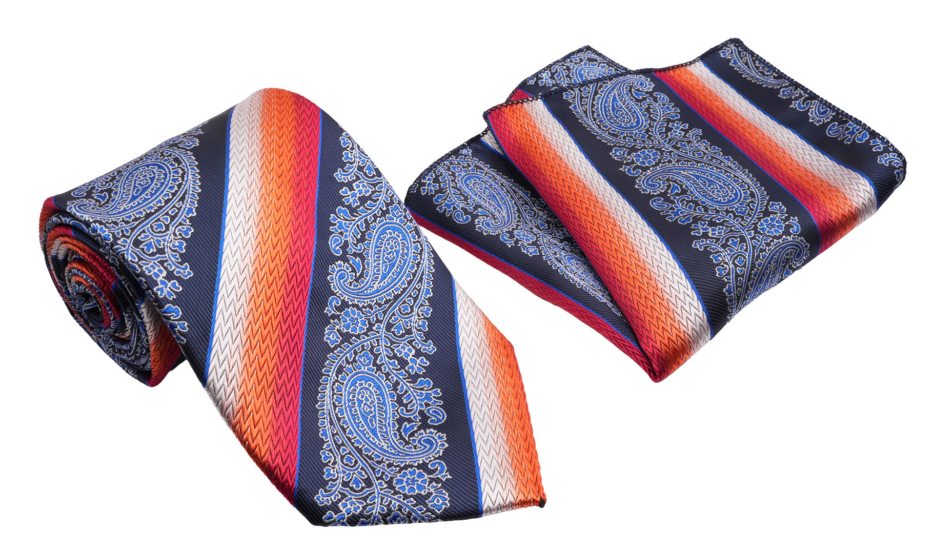 Blue Orange Gradient with Diagonal Stripe Paisley Pattern Men's Classic Tie and Pocket Square Set