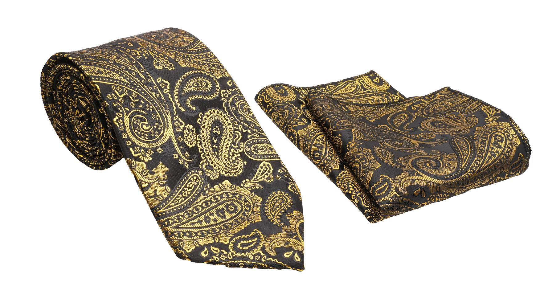 Gold Black Paisley Pattern Men's Classic Tie and Pocket Square Set