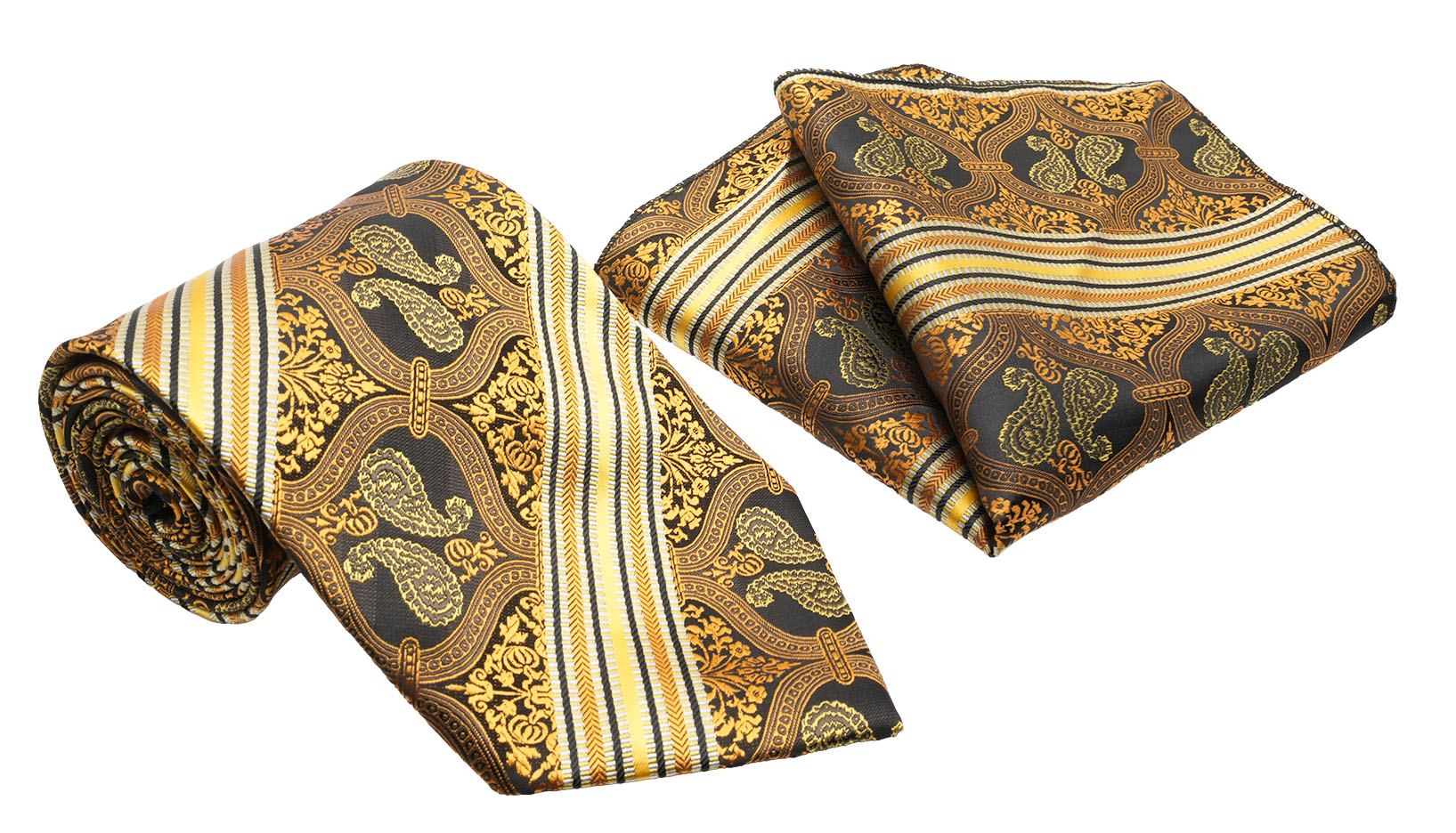 Gold Black Floral Striped Pattern Men's Classic Tie and Pocket Square Set