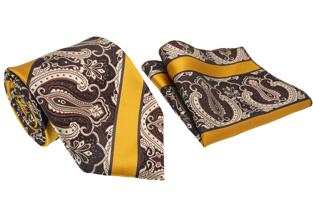 Gold Striped Paisley Pattern Men's Classic Tie and Pocket Square Set