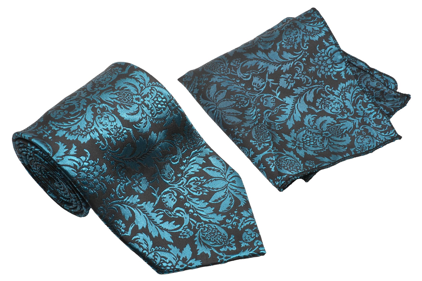Teal Blue Floral Pattern Men's Classic Tie and Pocket Square Set