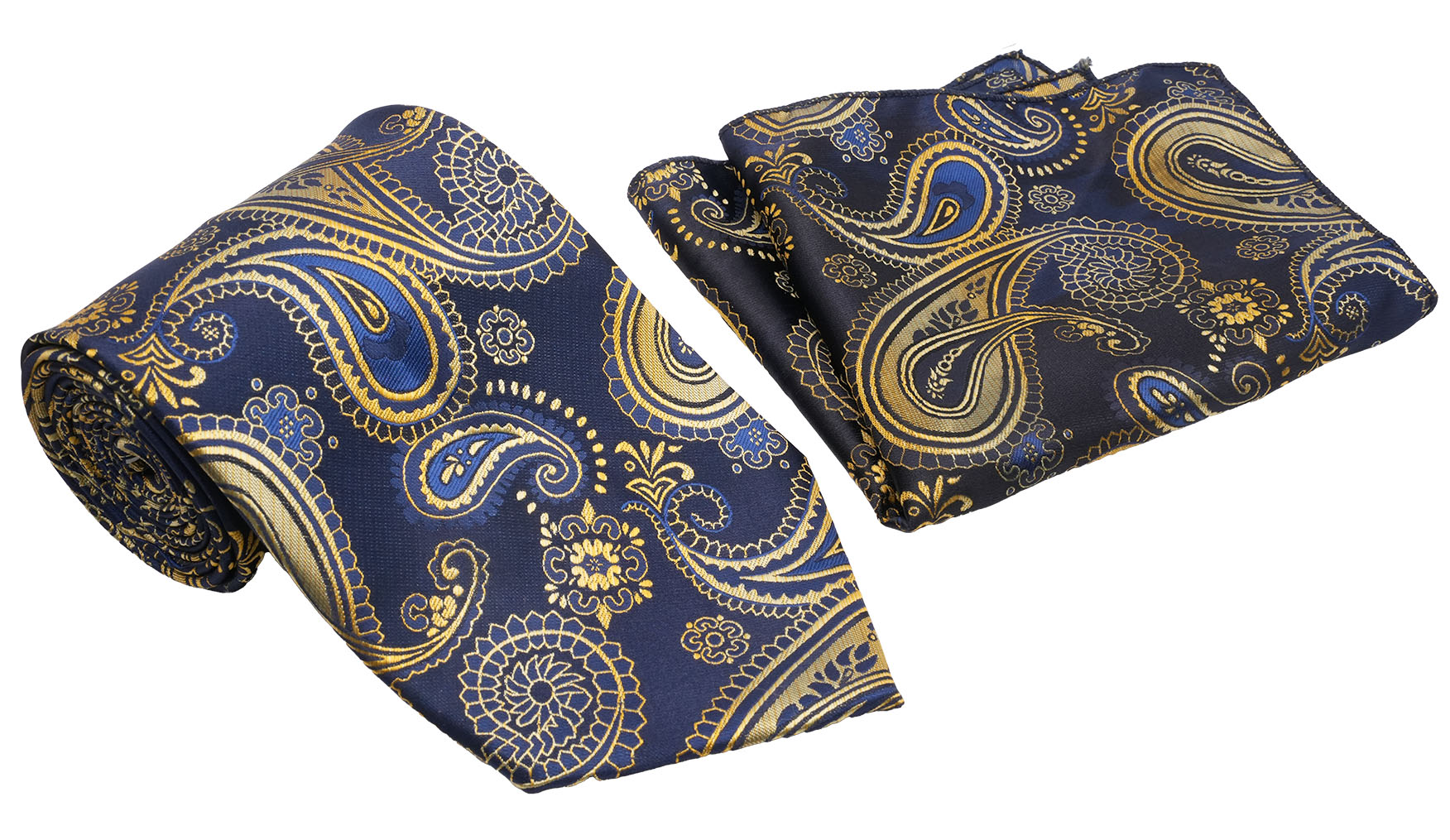 Navy Gold Paisley Pattern Men's Classic Tie and Pocket Square Set