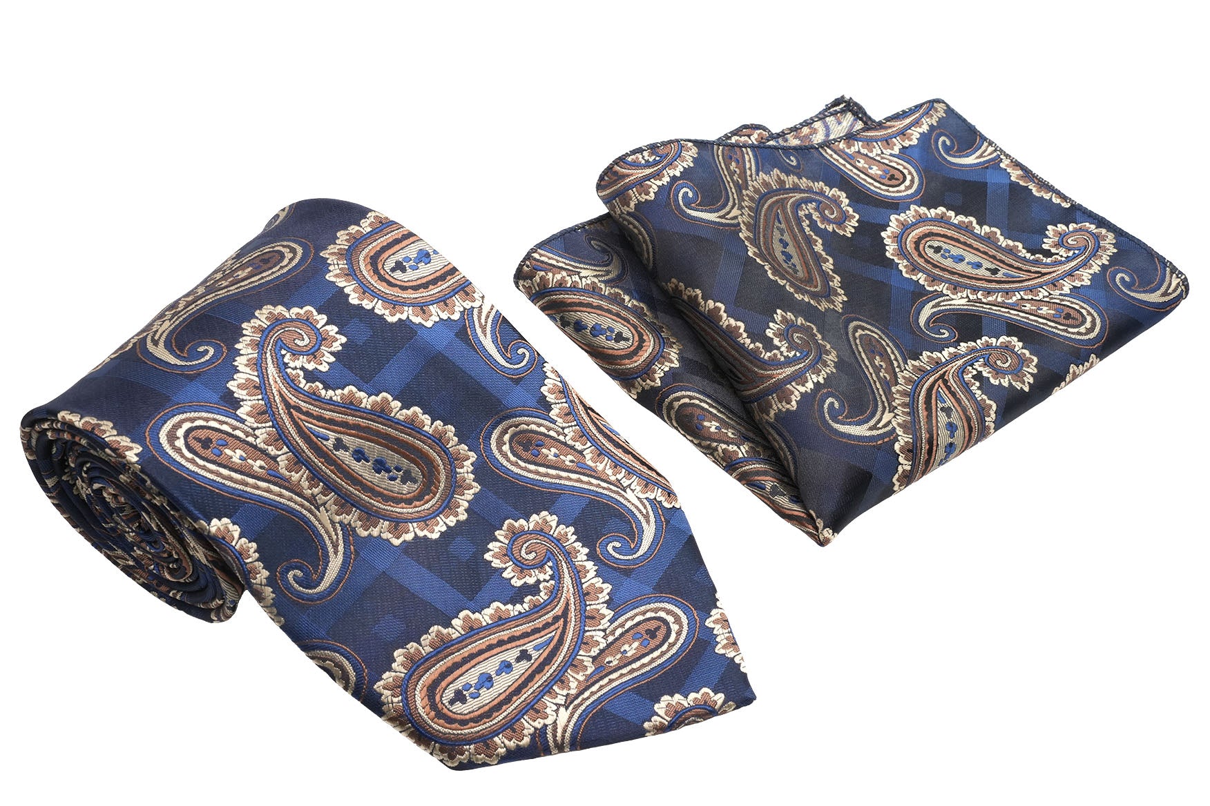 Navy Tone-on-tone Brown Paisley Pattern Men's Classic Tie and Pocket Square Set