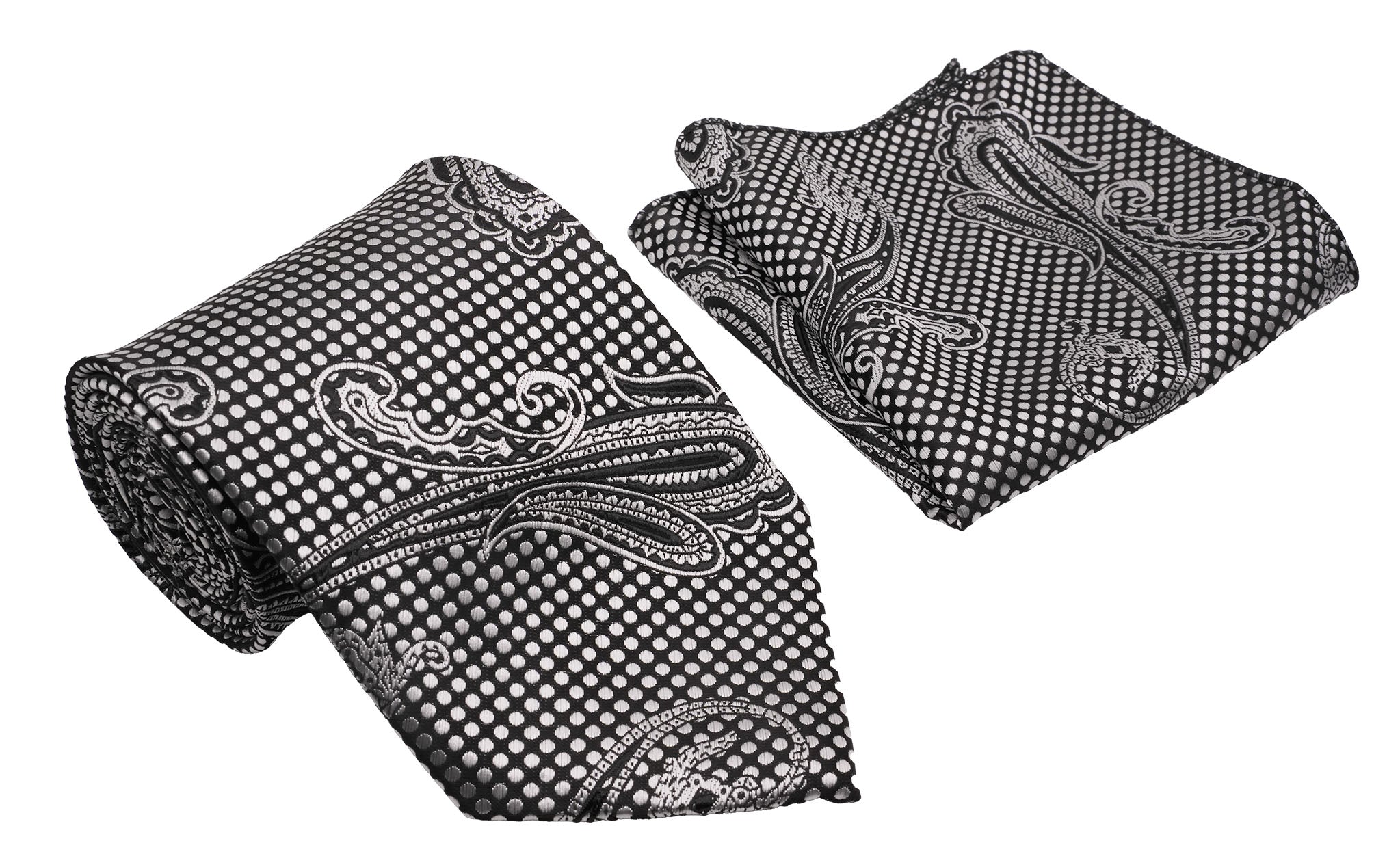 Black Silver Dots Paisley Pattern Men's Classic Tie and Pocket Square Set