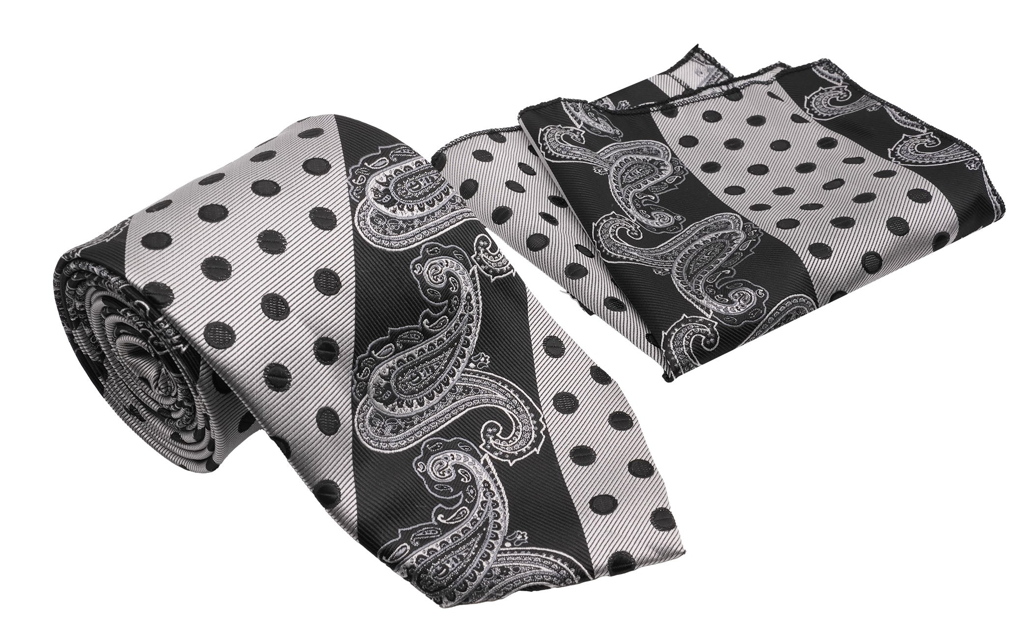 Black Silver Contrast Dots Paisley Pattern Men's Classic Tie and Pocket Square Set