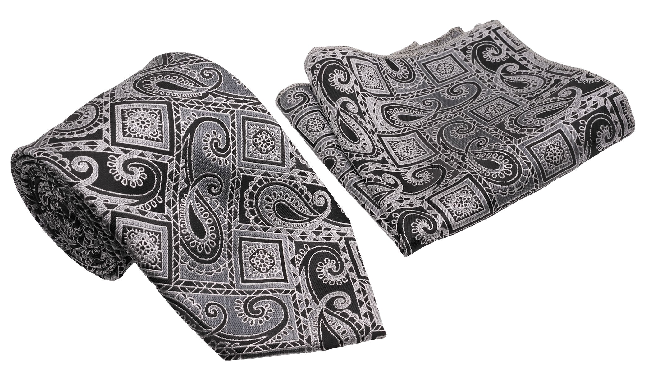 Black Silver Paisley Square Pattern Men's Classic Tie and Pocket Square Set
