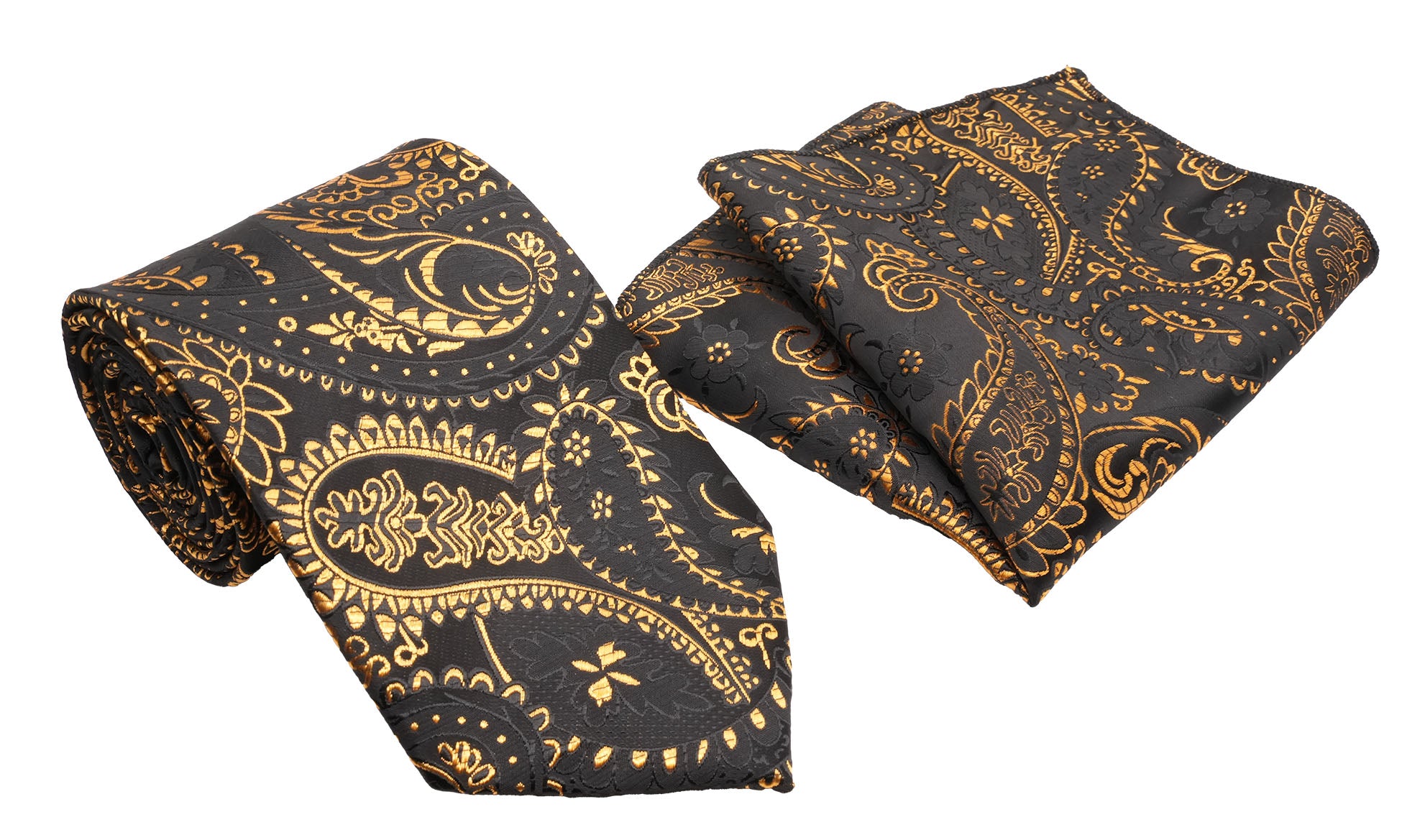 Black Gold Paisley Pattern Men's Classic Tie and Pocket Square Set