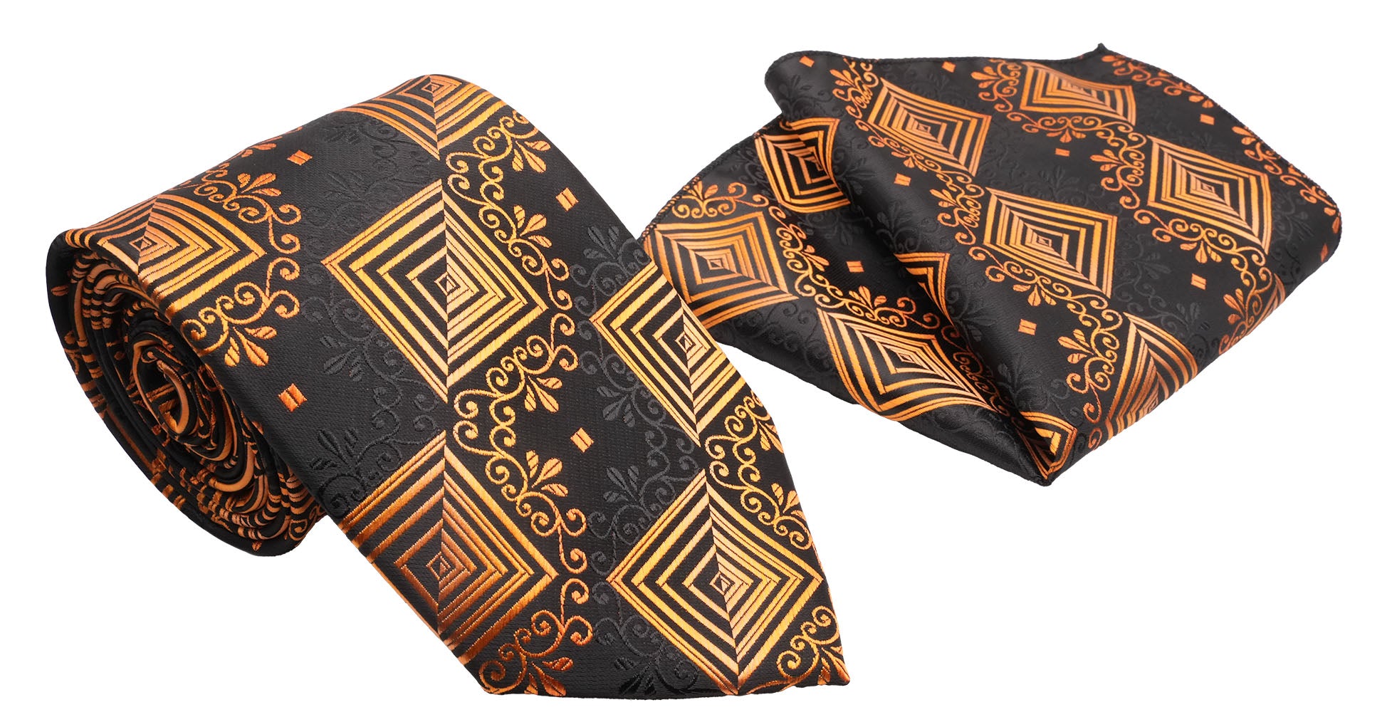 Black Copper Geometric Square and Scroll Pattern Men's Classic Tie and Pocket Square Set