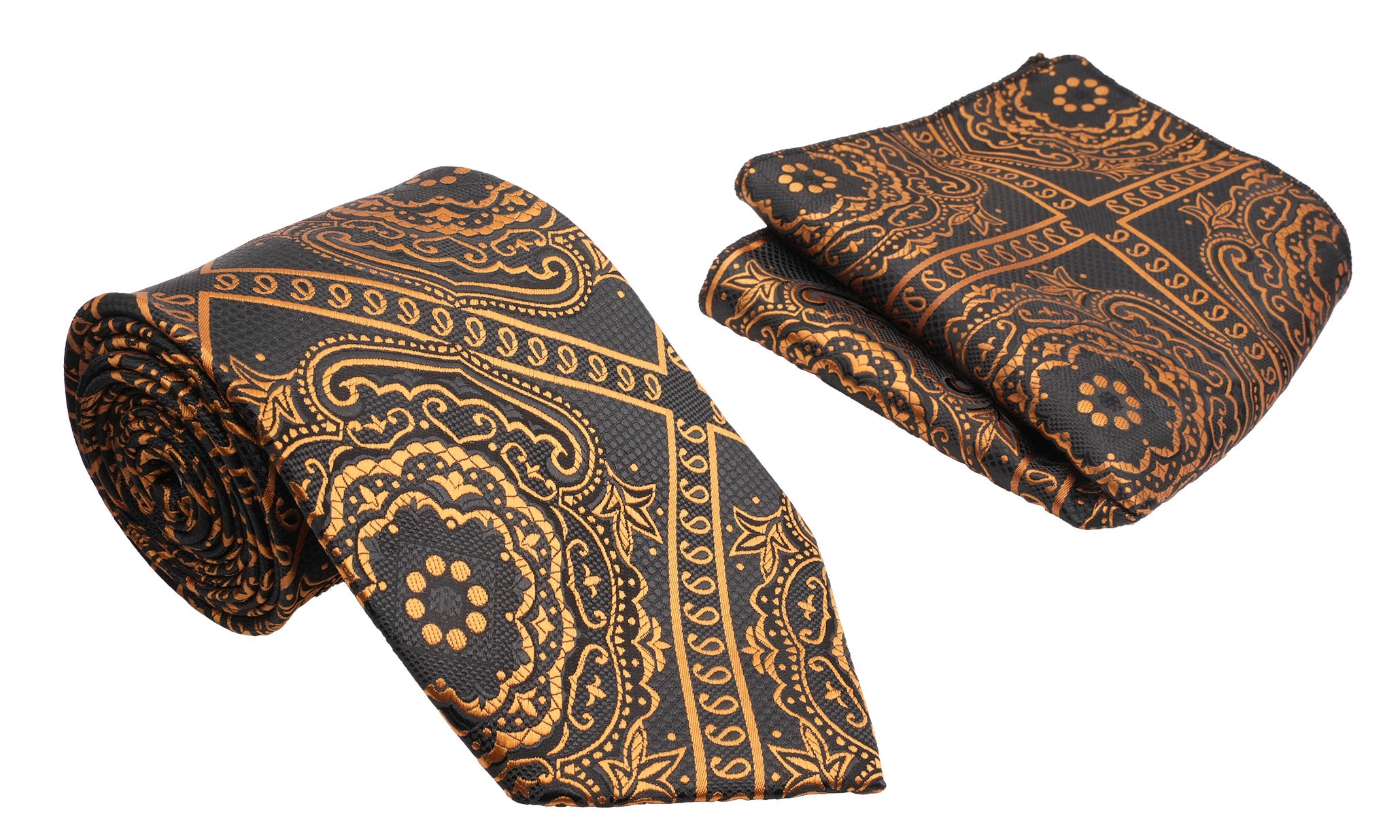 Copper Black Suzani Floral Pattern Men's Classic Tie and Pocket Square Set