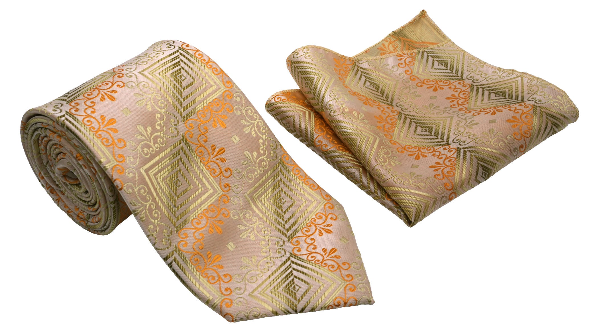Gold Orange Geometric Square and Scroll Pattern Men's Classic Tie and Pocket Square Set