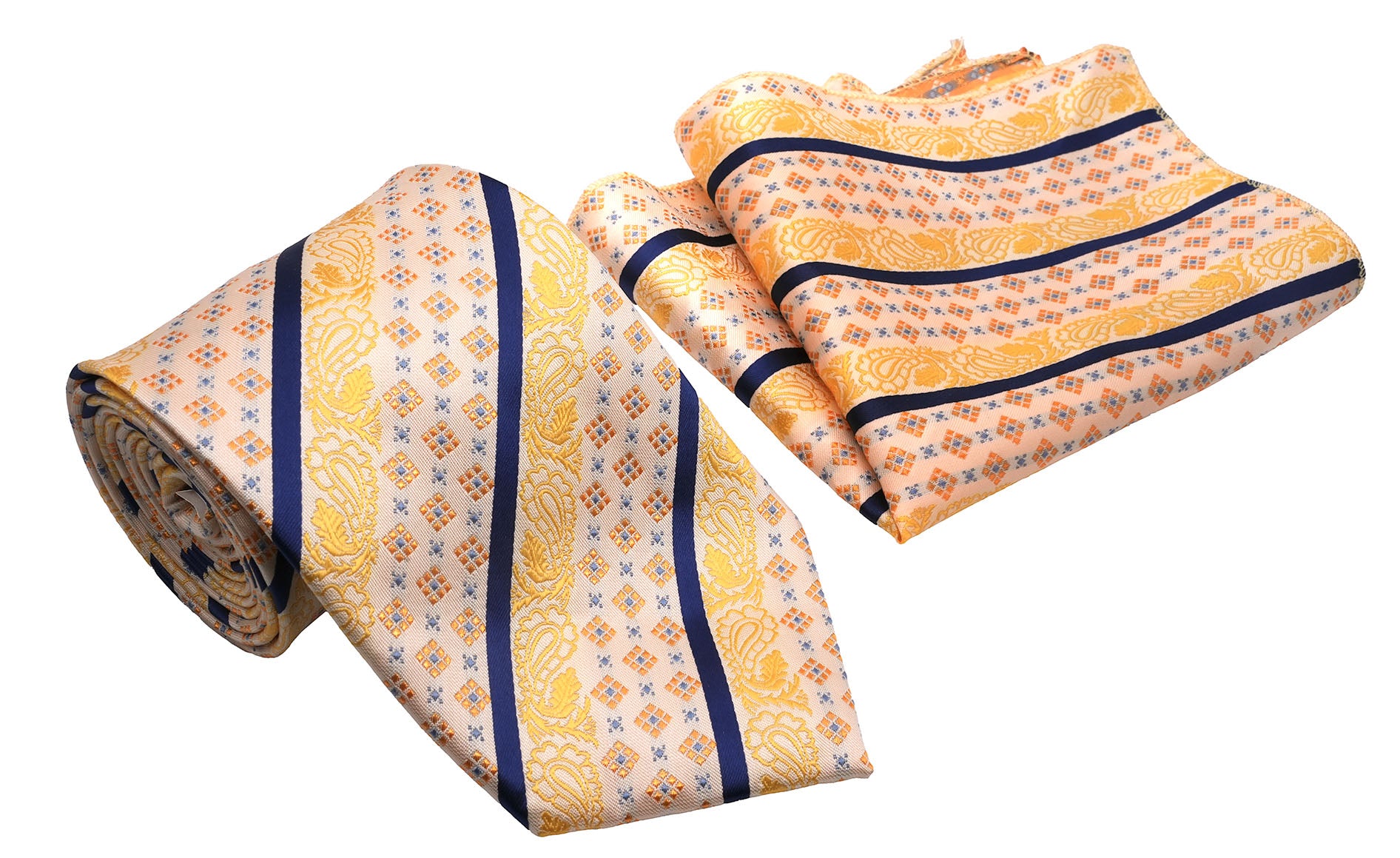Gold Navy Scroll Pattern Diagonal Stripe Men's Classic Tie and Pocket Square Set