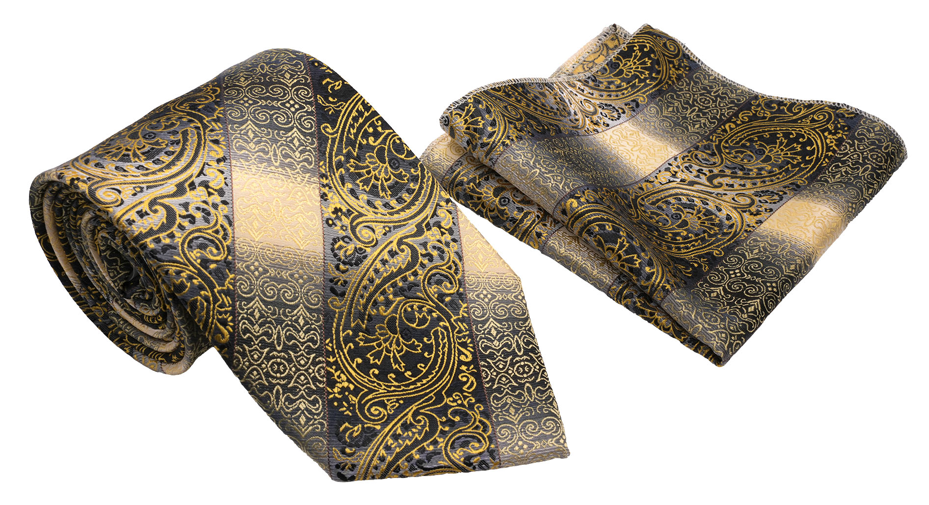 Black Gold Palmette Diagonal Pattern Men's Classic Tie and Pocket Square Set