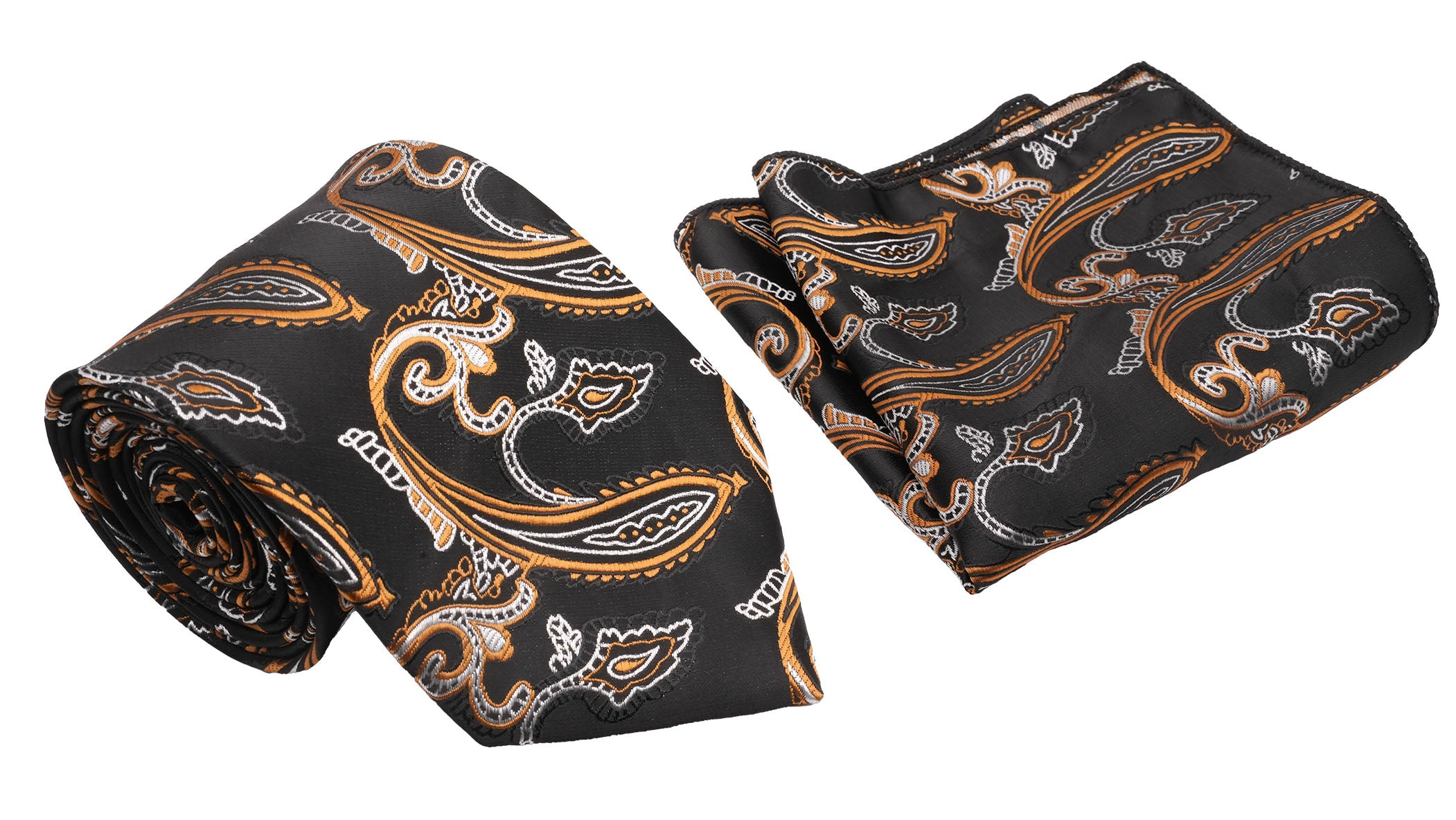 Black Gold Jacobean Pattern Men's Classic Tie and Pocket Square Set