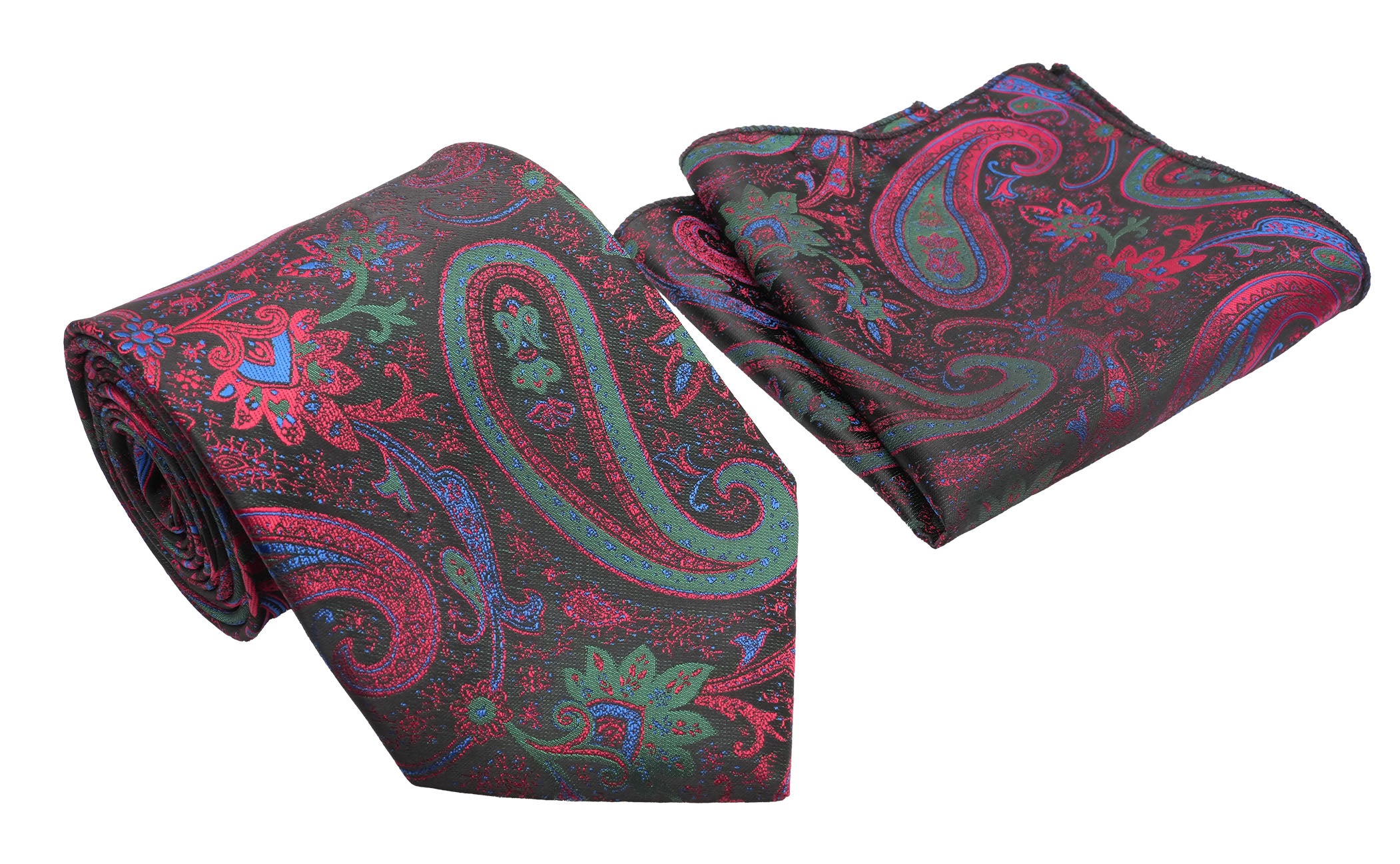 Raspberry Green Paisley Pattern Men's Classic Tie and Pocket Square Set