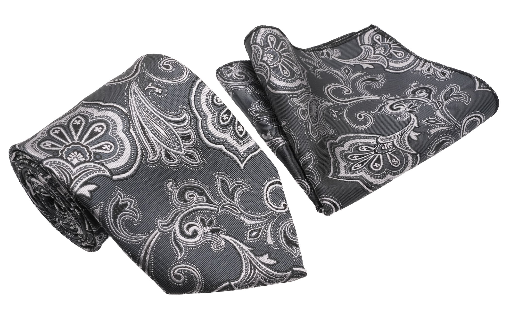 Gray Silver Paisley Pattern Men's Classic Tie and Pocket Square Set