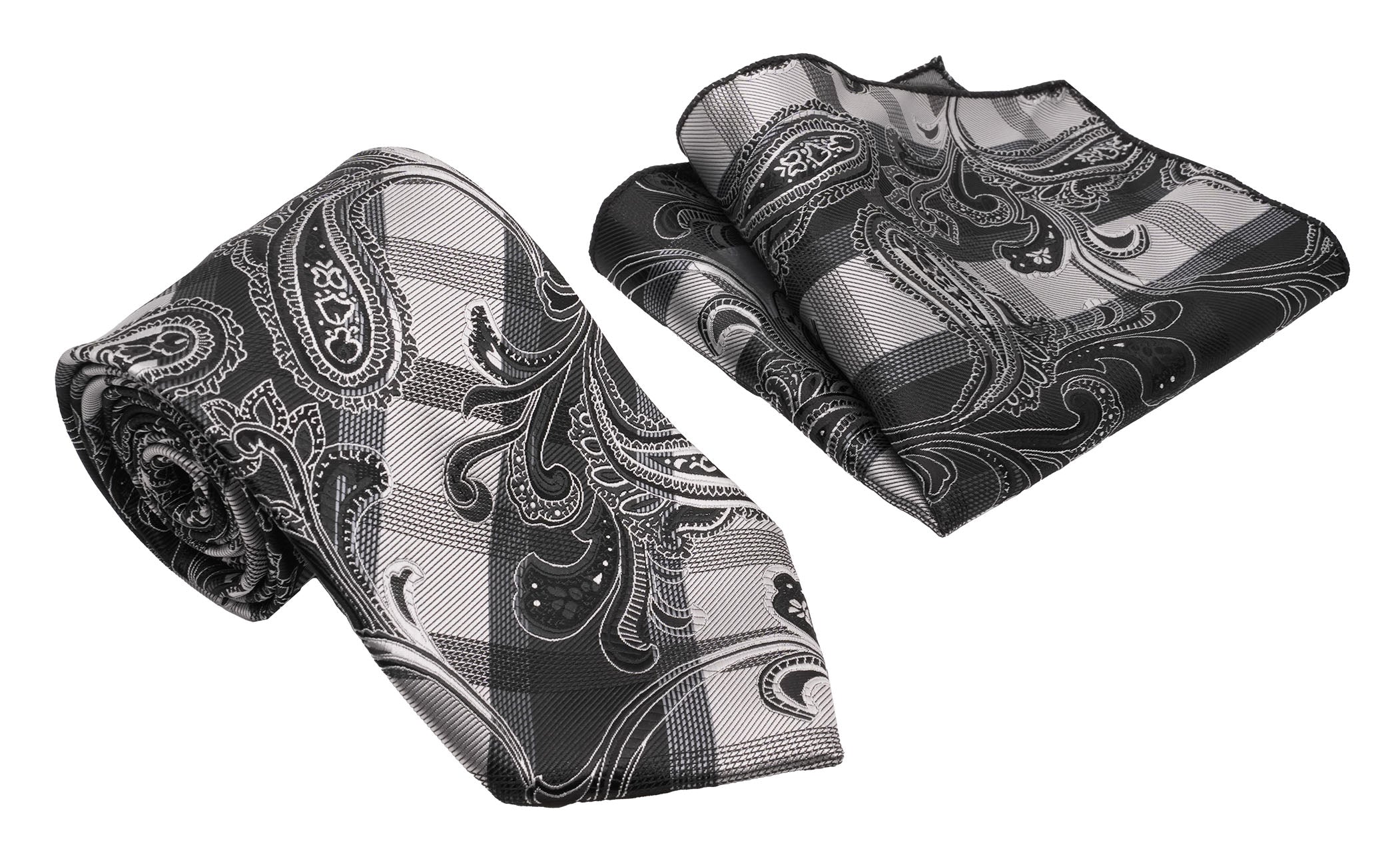 Black Silver Jacobean Plaid Pattern Men's Classic Tie and Pocket Square Set