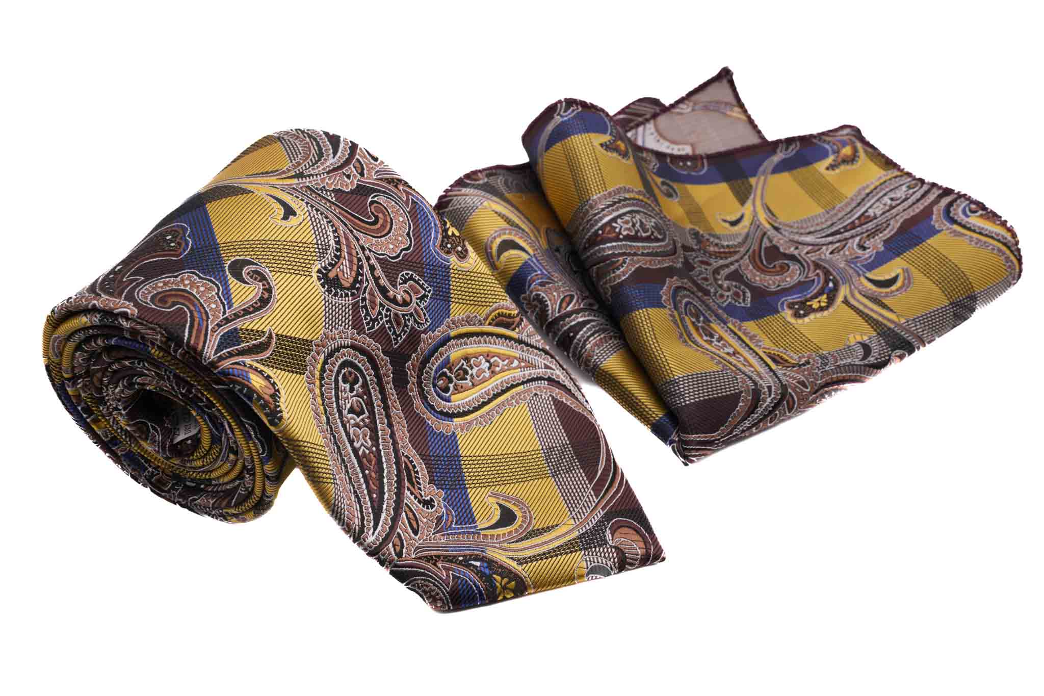 Gold Brown Paisley Floral Pattern Men's Classic Tie and Pocket Square Set