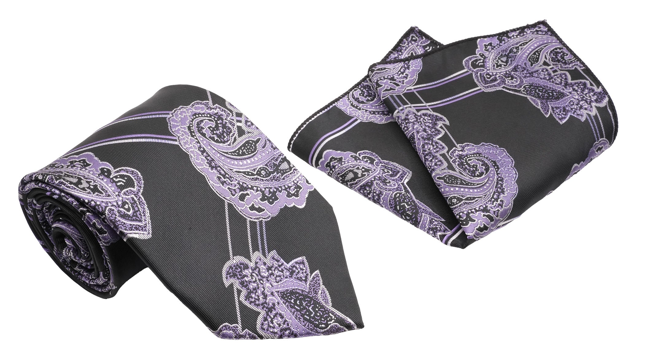 Black and Violet Paisley Pattern Men's Classic Tie and Pocket Square Set