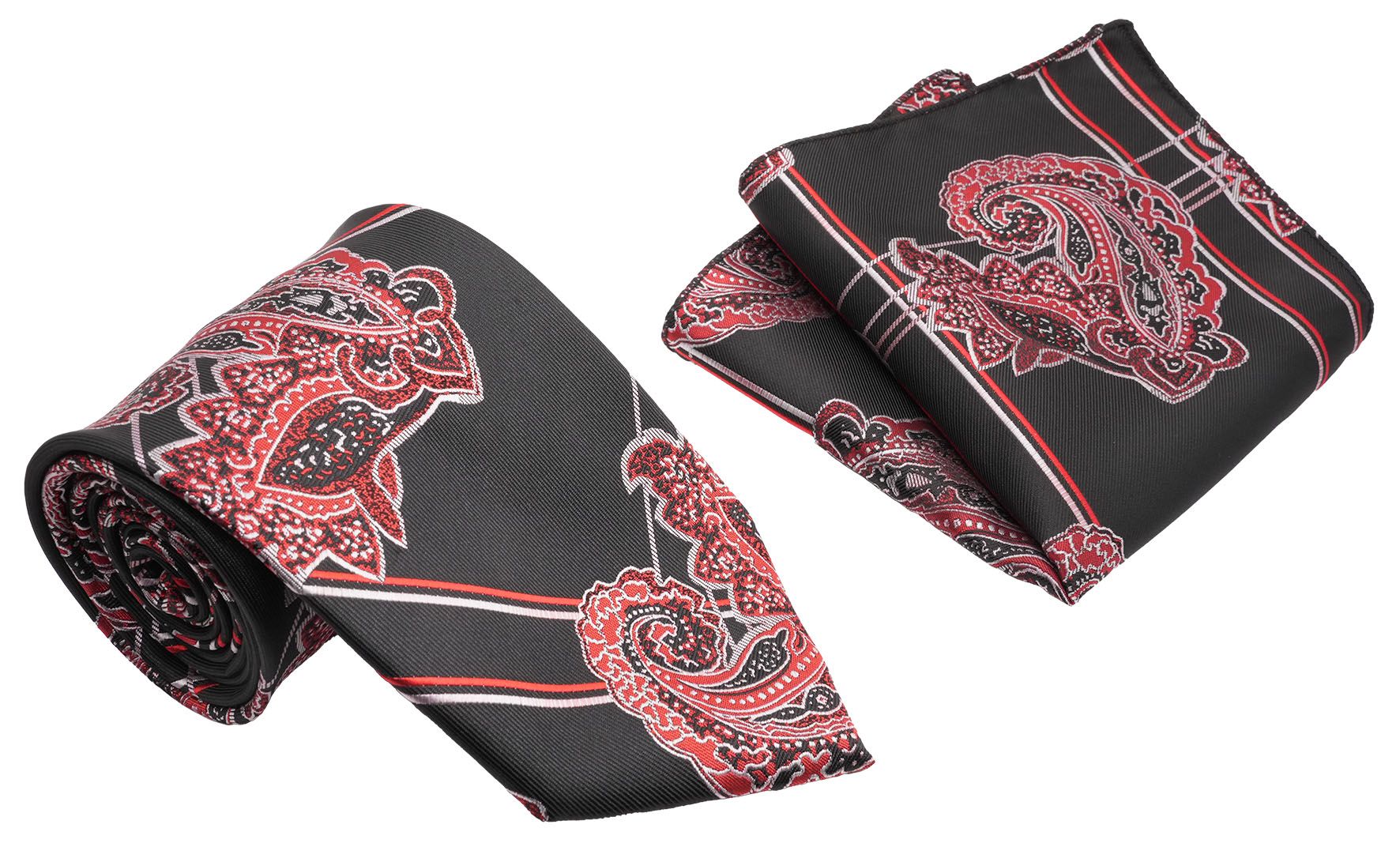 Black and Vermilion Red Paisley Pattern Men's Classic Tie and Pocket Square Set