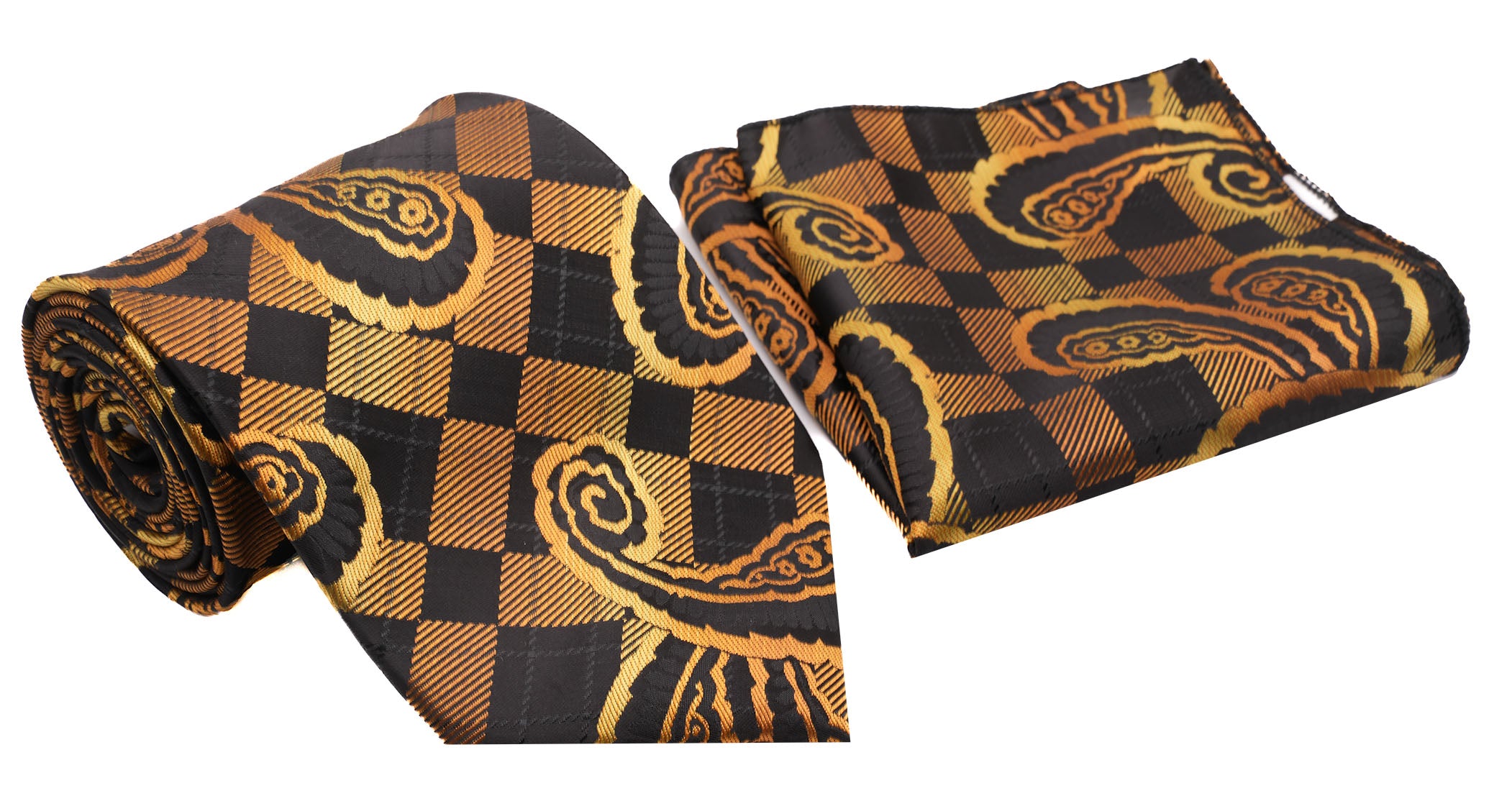 Black Gold Chequered Paisley Pattern Men's Classic Tie and Pocket Square Set