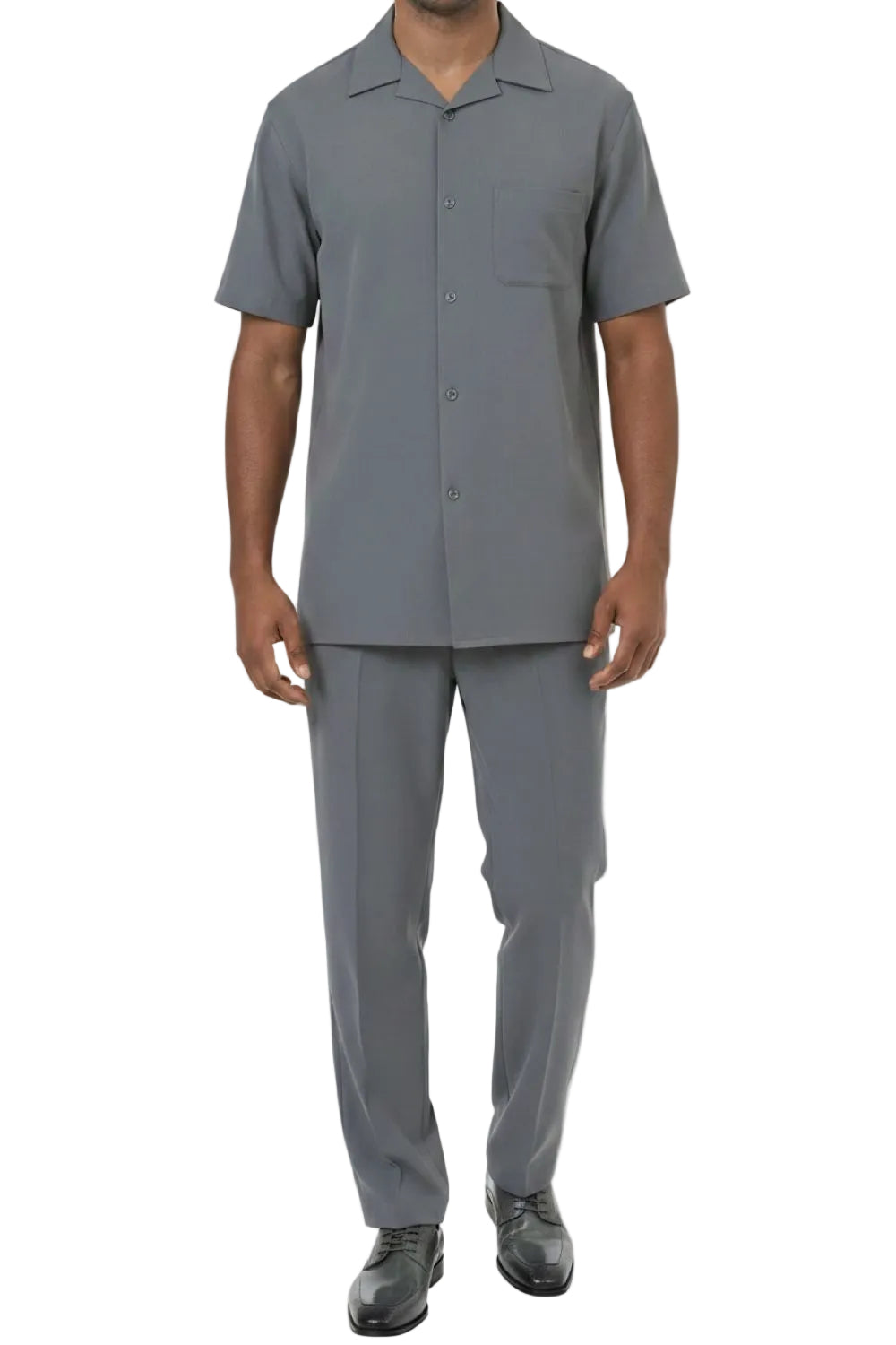 Short Sleeve Summer Walking Suit Set with Flexible Waist Pants in Gray