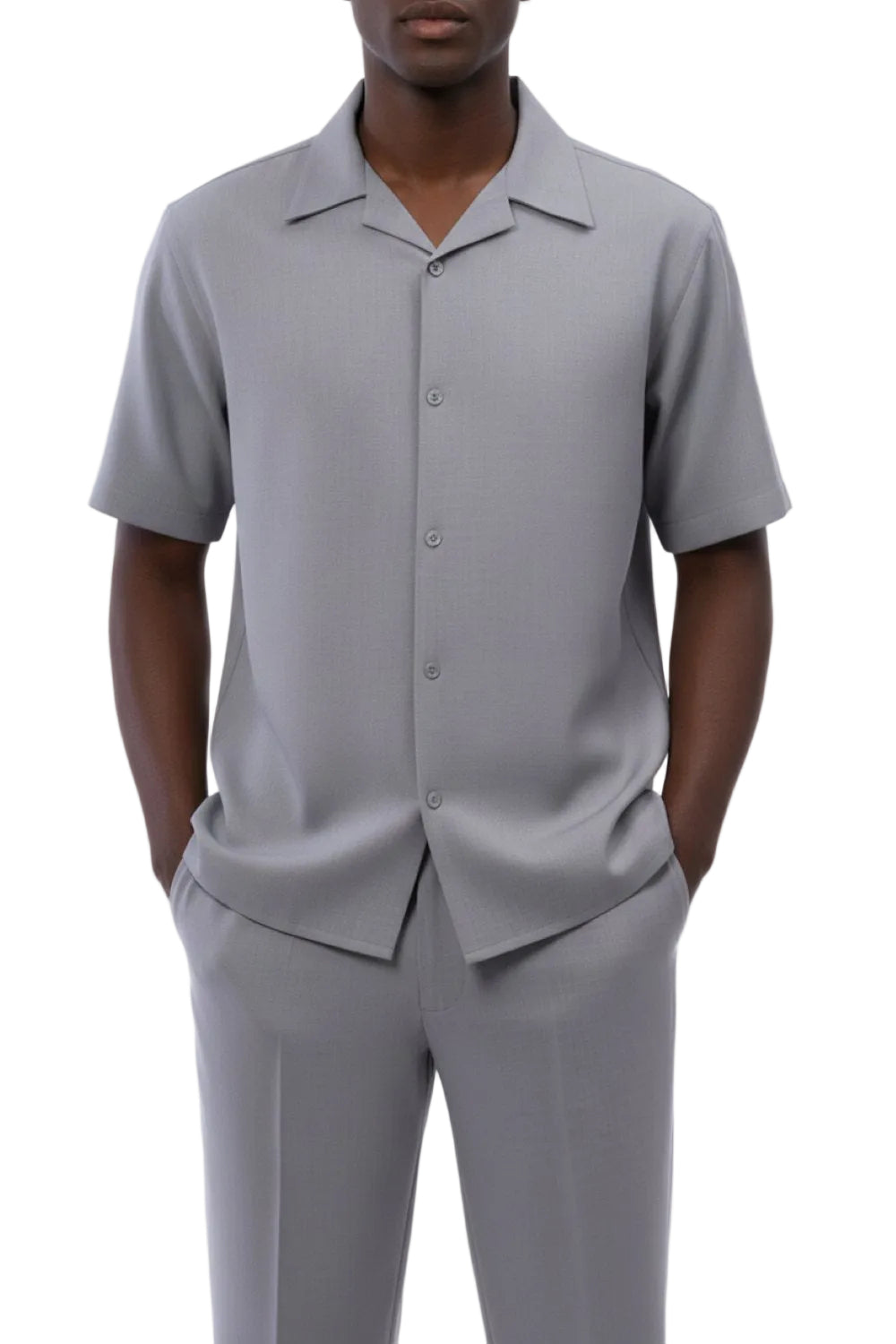 Short Sleeve Summer Walking Suit Set with Flexible Waist Pants in Gray