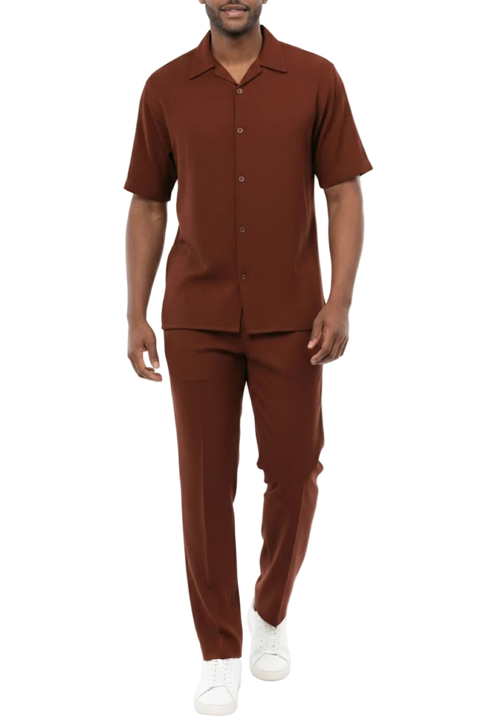 Short Sleeve Summer Walking Suit Set with Flexible Waist Pants in Maroon