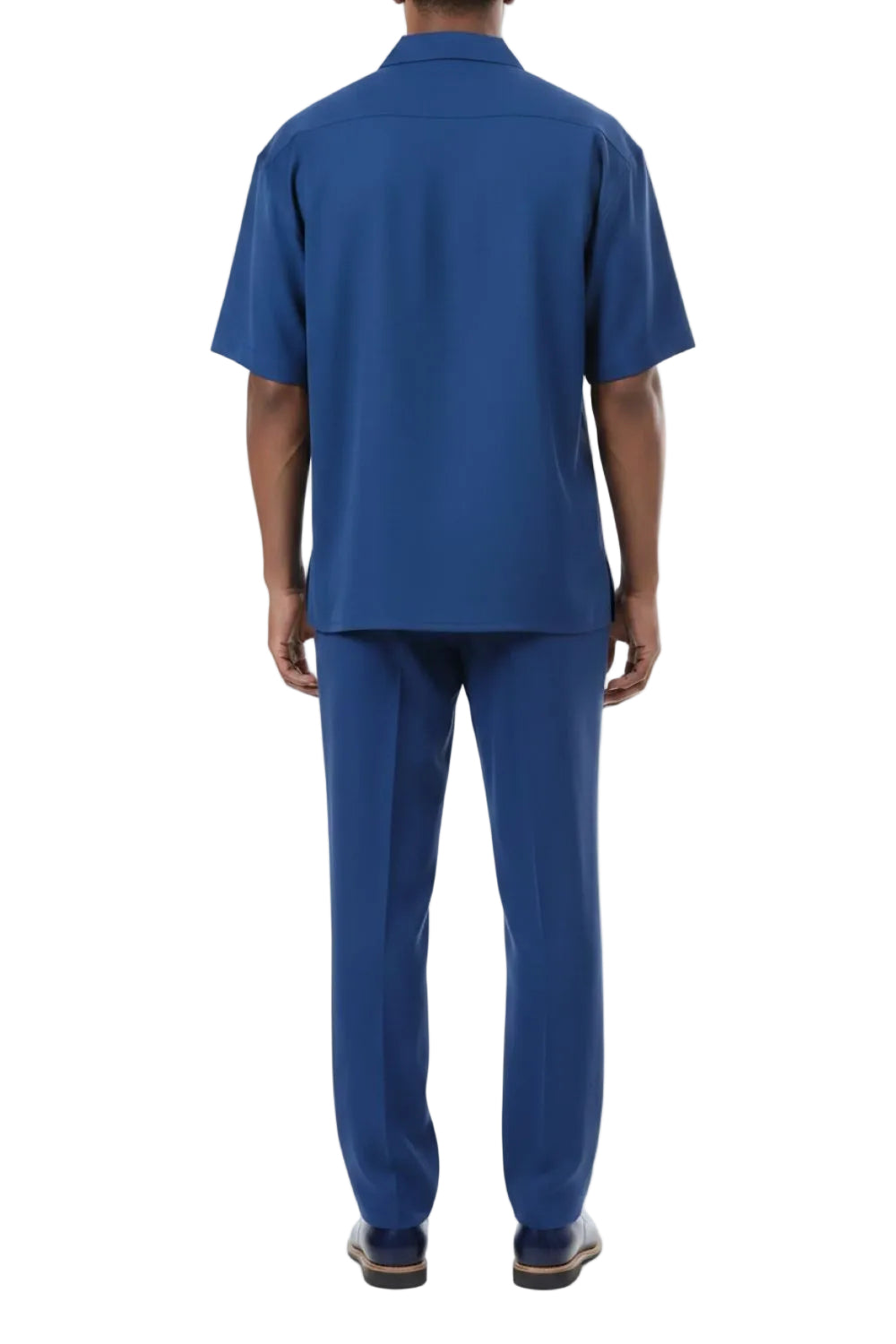 Person wearing a blue outfit on a white background