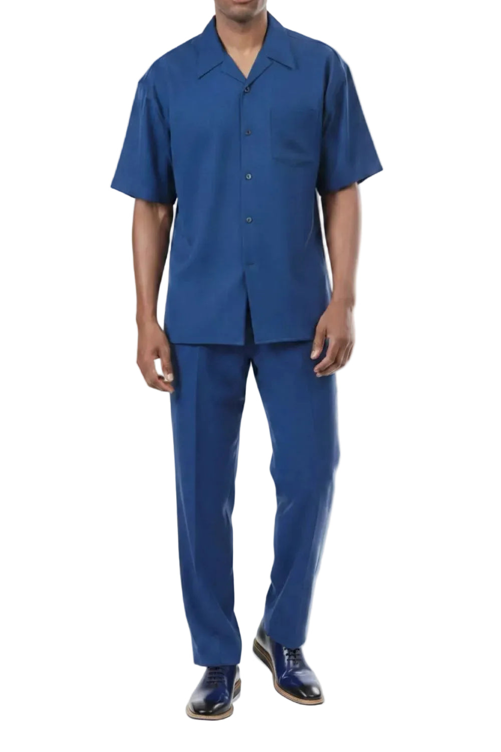Short Sleeve Summer Walking Suit Set with Flexible Waist Pants in Sapphire
