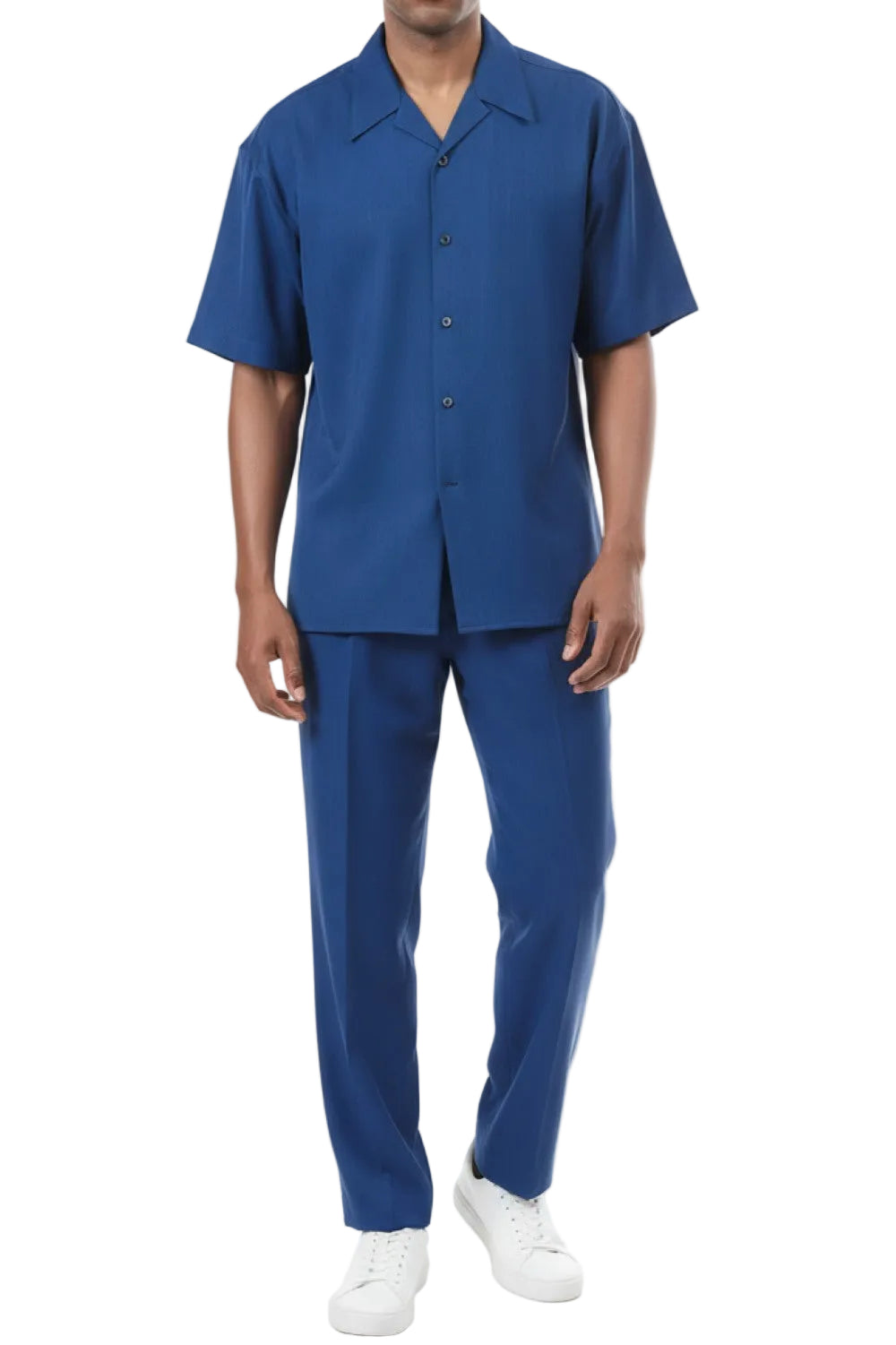 Short Sleeve Summer Walking Suit Set with Flexible Waist Pants in Sapphire