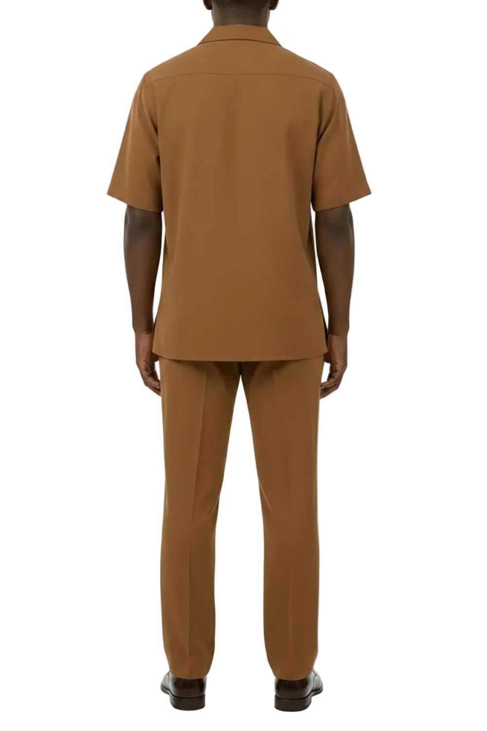 Man wearing a taupe shirt and pants on a white background