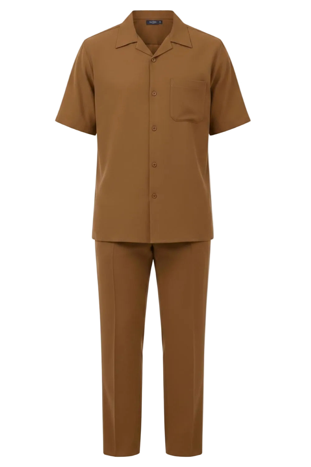 Taupe shirt and pants set on a white background