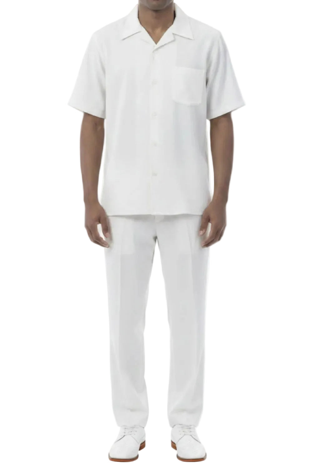 Short Sleeve Summer Walking Suit Set with Flexible Waist Pants in Off-White