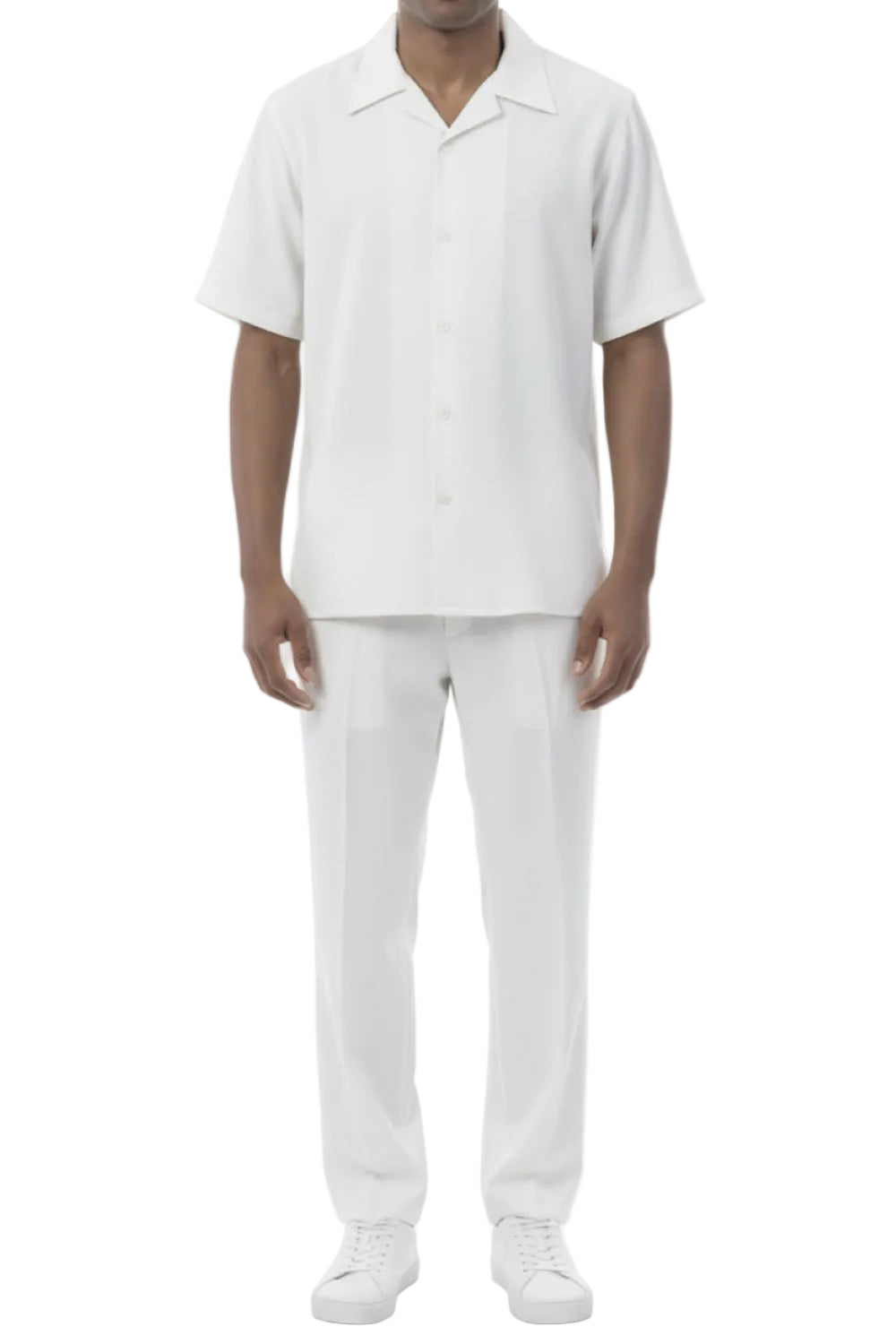 Short Sleeve Summer Walking Suit Set with Flexible Waist Pants in White
