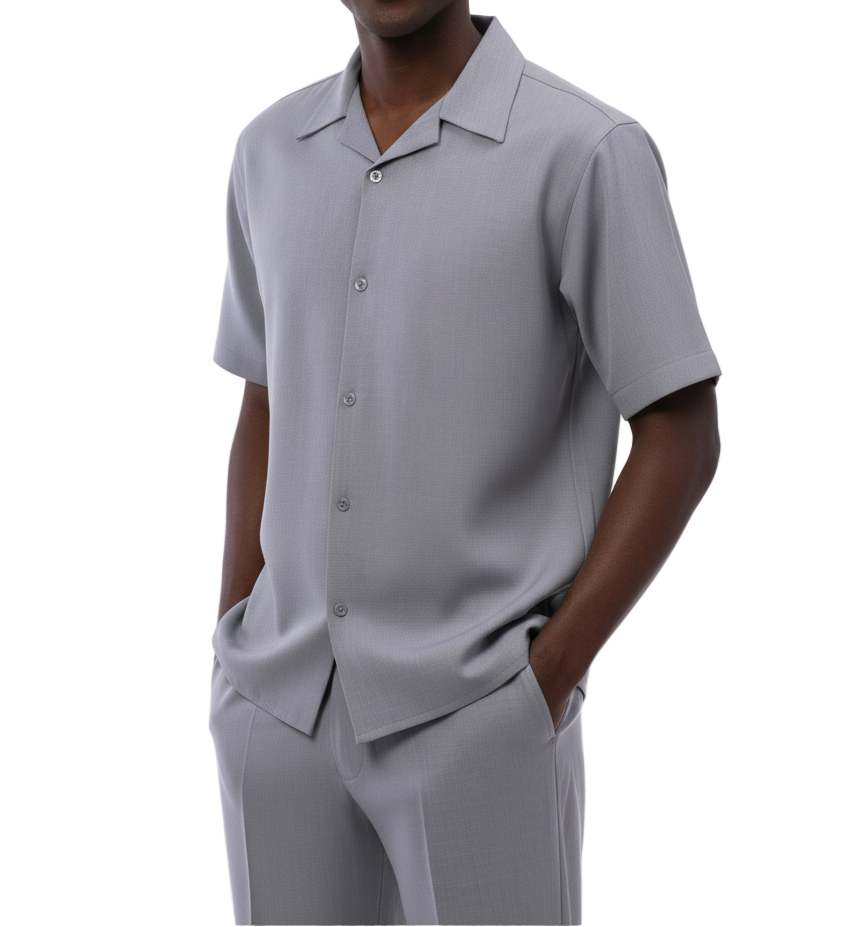 Close-up of the solid gray short sleeve, collar, and buttons on the Short Sleeve Summer Walking Suit Set.