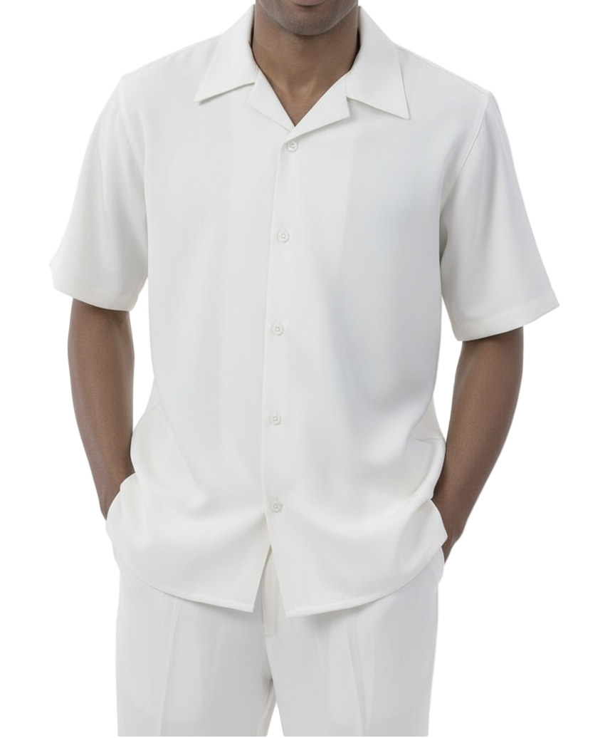 Close-up of the solid white collar and button on the Short Sleeve Summer Walking Suit Set jacket.