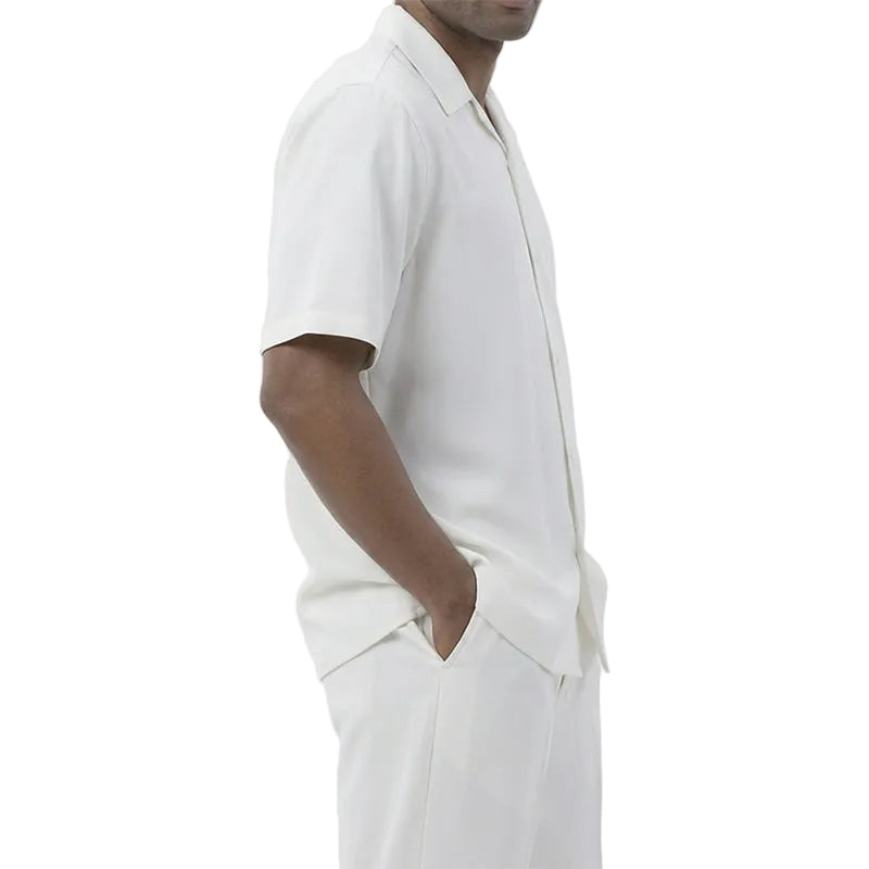 Close-up view of a solid white short sleeve of the Summer Walking Suit Set, showing the collar, buttons, and pocket.