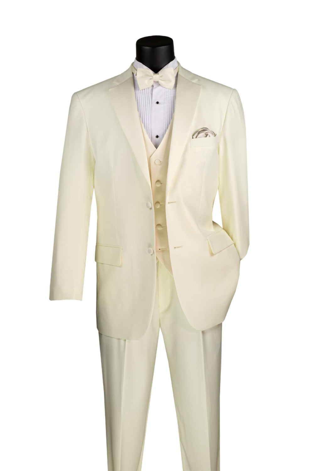 Santorini Collection - Regular Fit Ivory Tuxedo 4 Piece with Vest Bow Tie Adjustable Waistband
