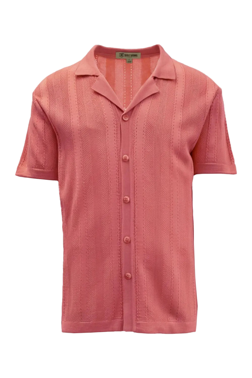 Pink short-sleeve button-up shirt on a white background