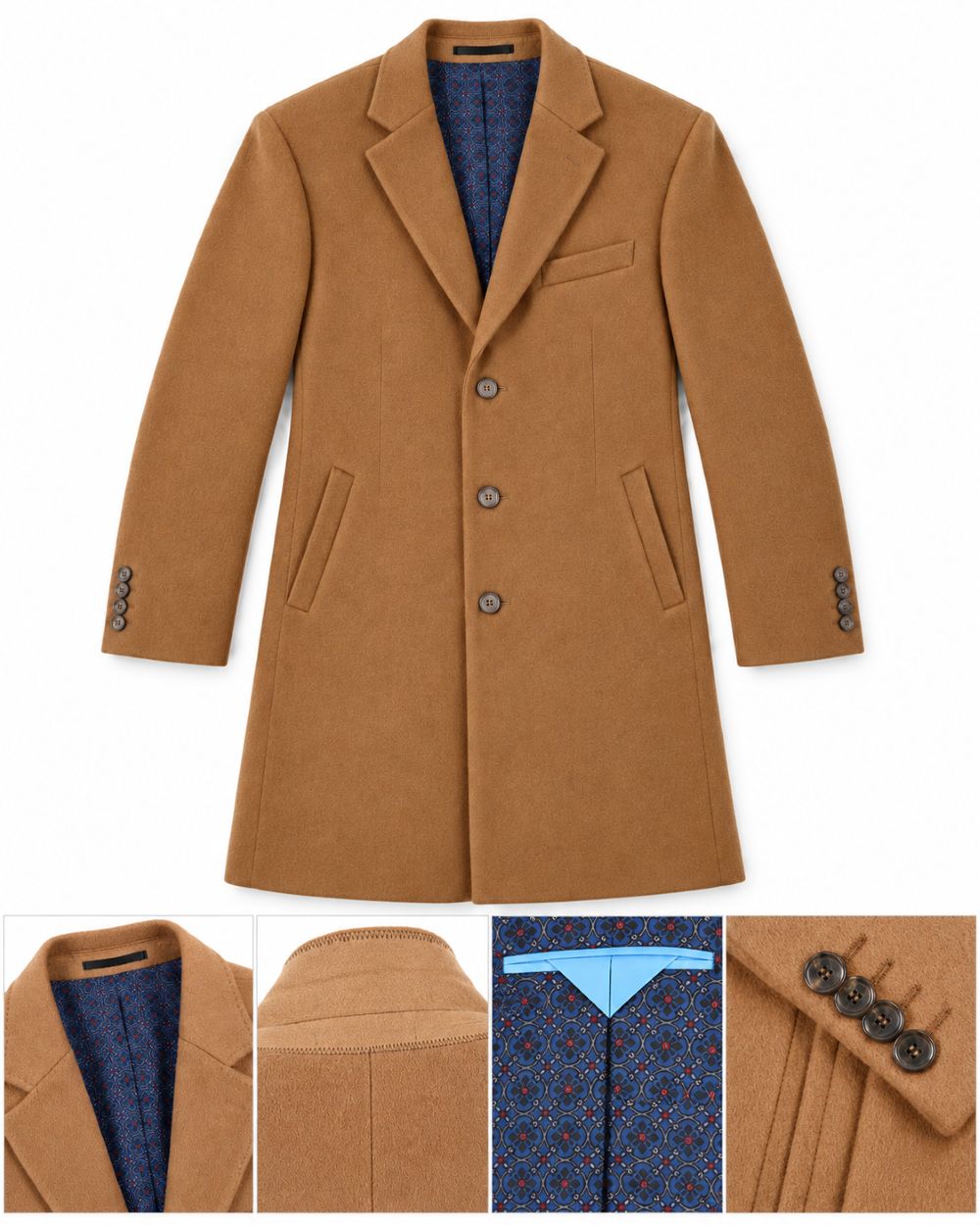 A camel brown wool-blend coat with a navy blue patterned lining, shown on a white background with four detail inset images at the bottom showing the collar, lapel, lining pattern, and buttons.