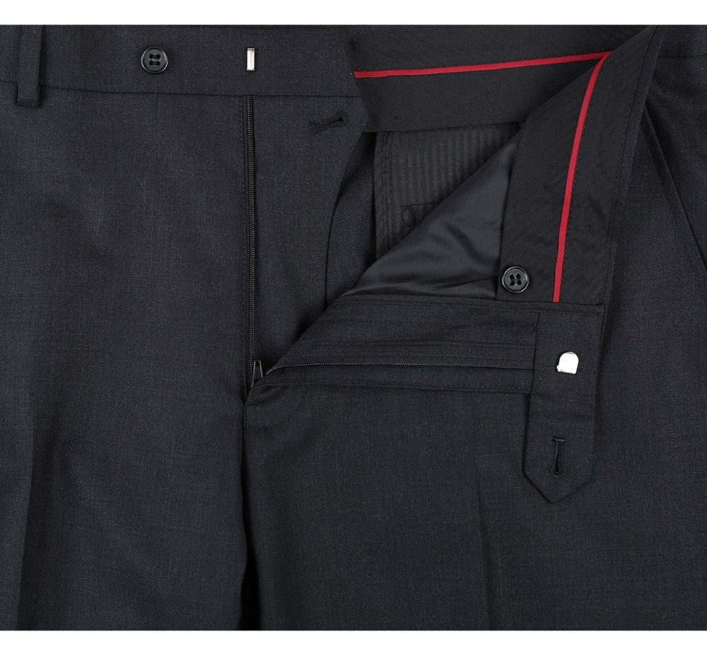 Close-up of the solid charcoal 100% Virgin Wool Regular Fit Pick Stitched 2 Piece Suit pocket, showing a button.