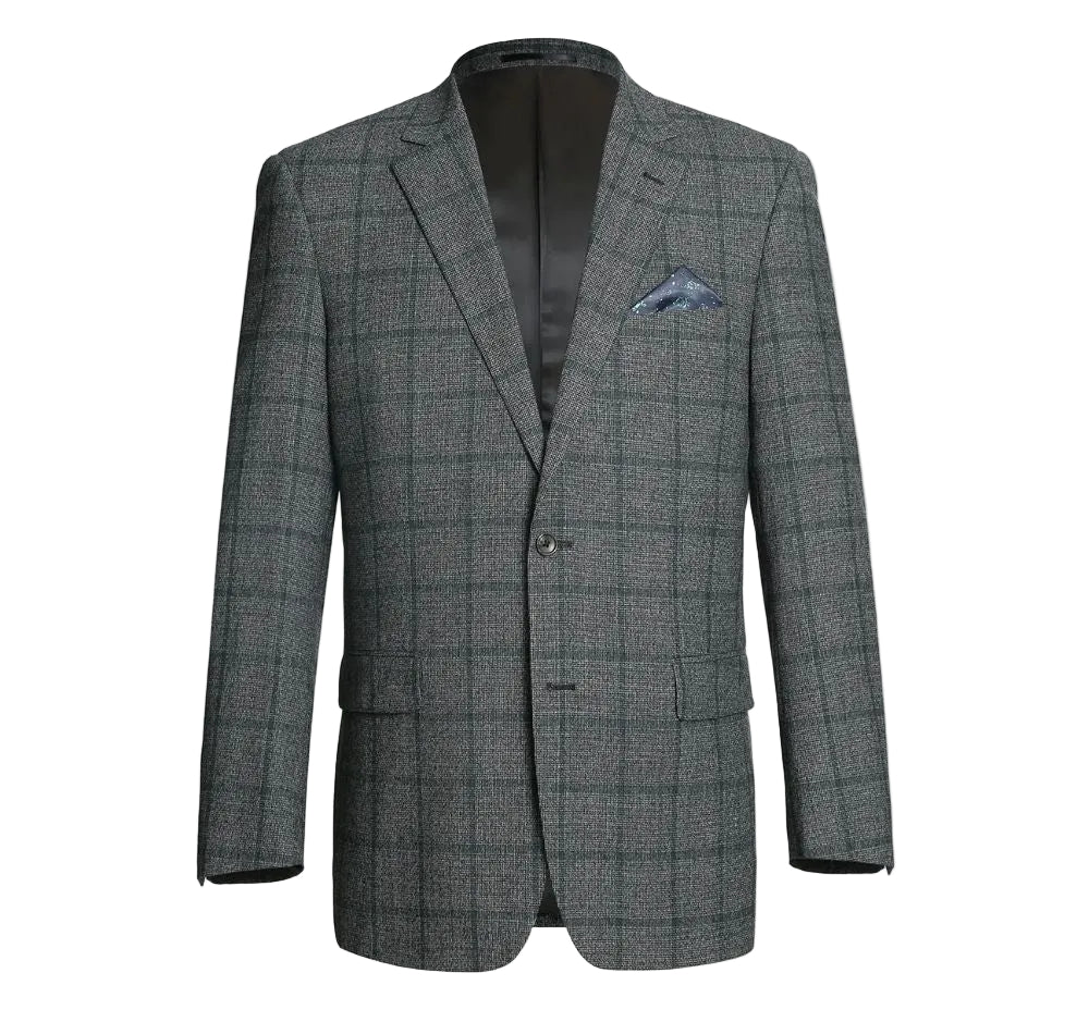 A men's gray windowpane plaid blazer with a black satin lining, featuring a matching blue-gray patterned pocket square in the chest pocket, shown on a plain white background.