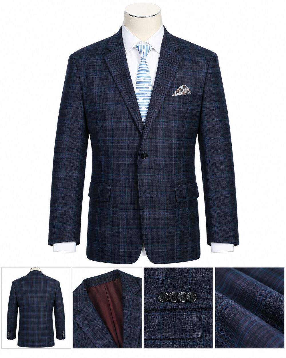 A navy blue plaid suit jacket displayed on a mannequin torso with a white dress shirt and blue striped tie, shown alongside three detail inset images at the bottom highlighting the back view, interior lining, buttons, and fabric texture.