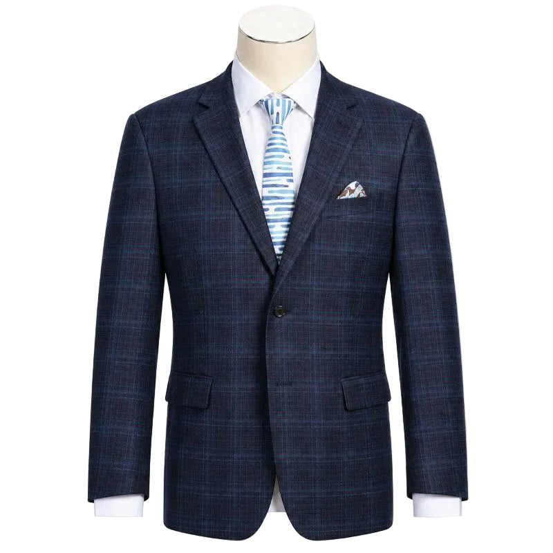 Wool Blend Regular Fit Stretch Checked Blazer in Navy