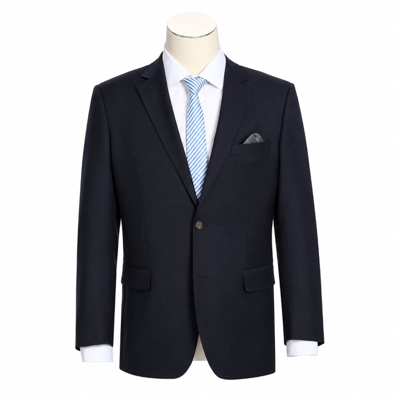 Black suit jacket with a white shirt, blue striped tie, and pocket square on a mannequin.